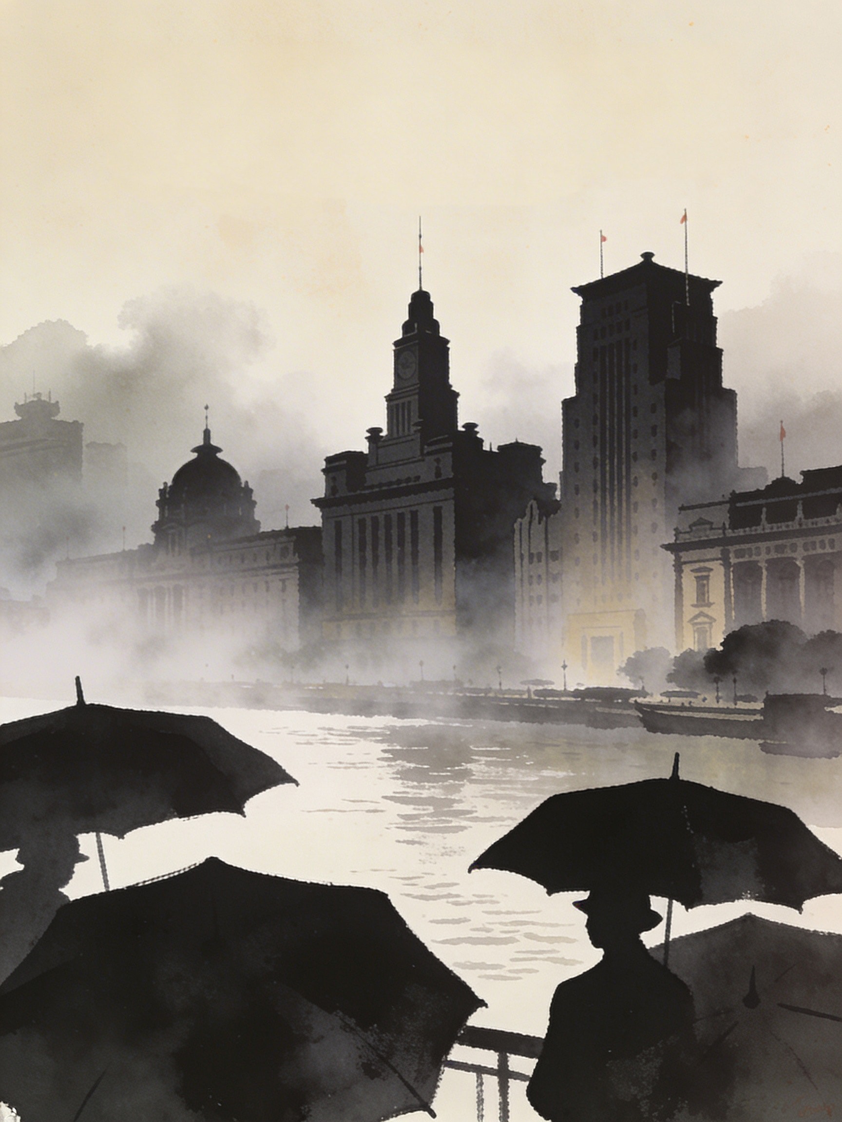 Vintage travel poster illustration of the Art Deco Shanghai Bund in fog