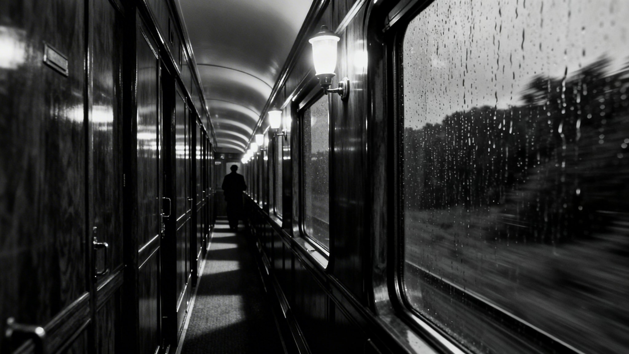 Silhouette walking down a vintage train corridor with rainy windows in black and white.