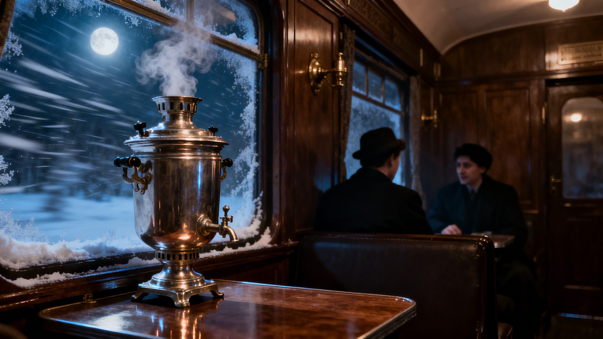 A steaming samovar on a wooden table inside a vintage train car with a snowy moonlit view.