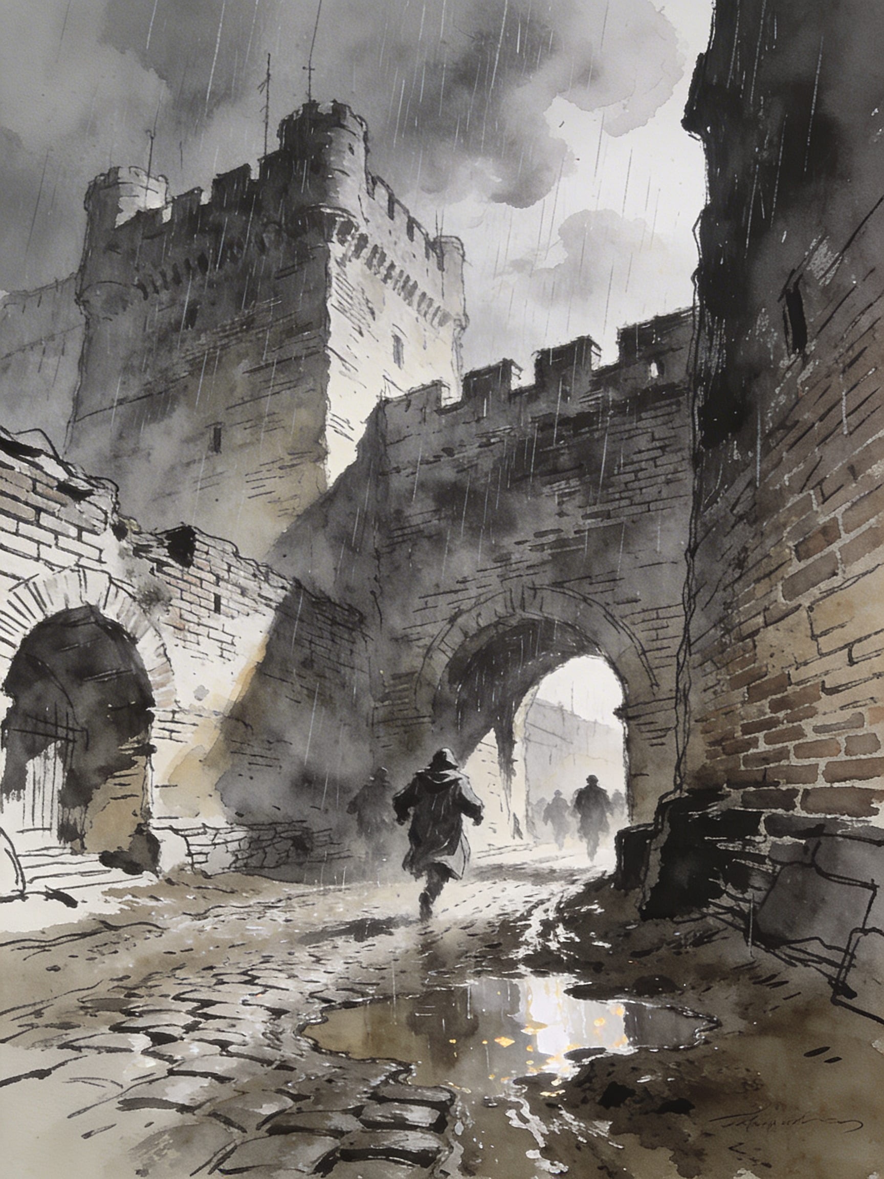 Unrefined pen and ink with watercolor wash illustration of the historic Walled City of Lahore during a heavy rainstorm, showing ancient brick architecture and muddy cobblestones.