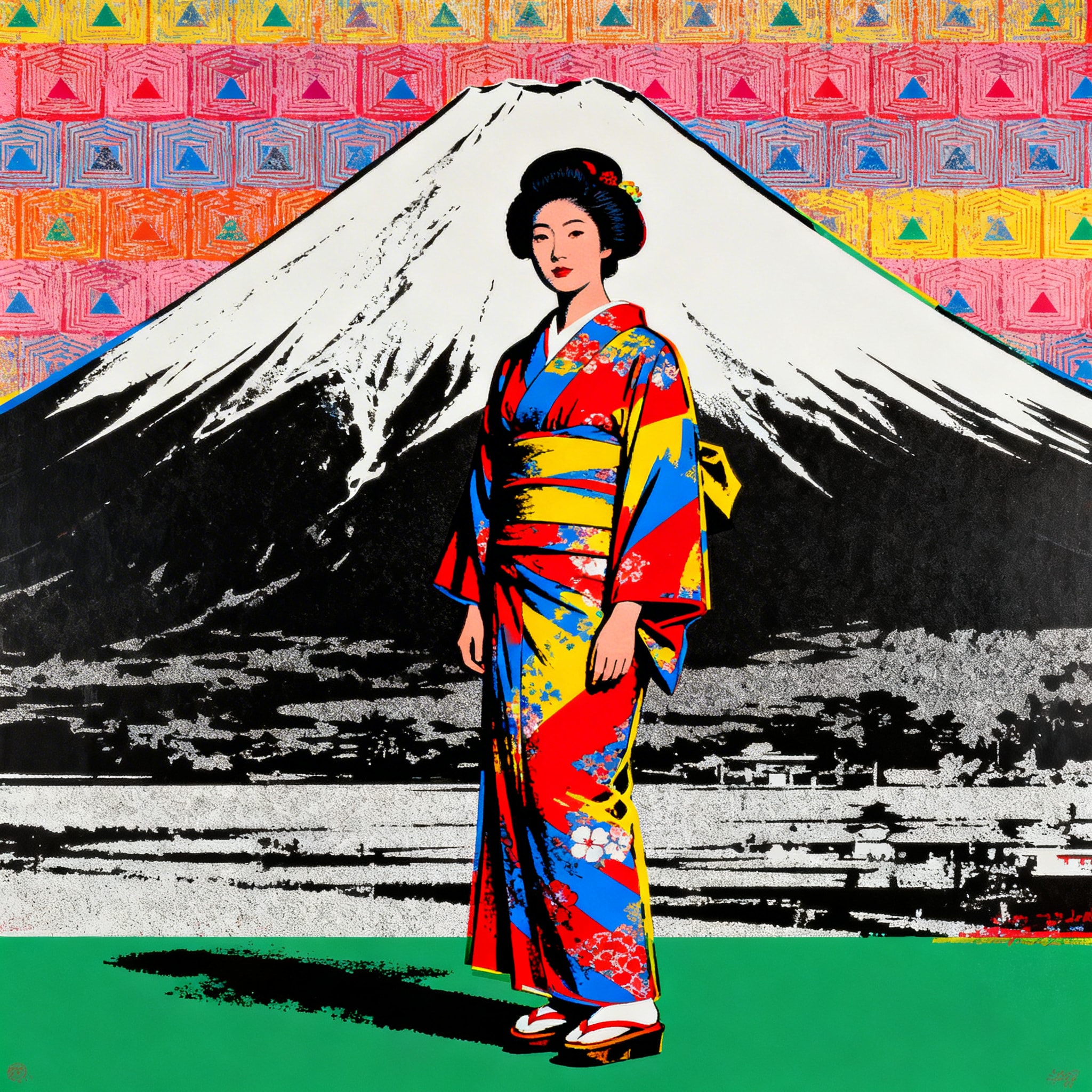 Pop art portrait of a Japanese woman in a kimono with Mount Fuji in the background