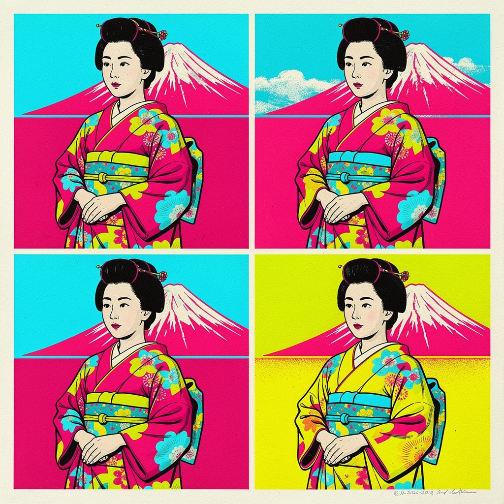 Pop art portrait of a Japanese woman in a kimono with Mount Fuji in the background