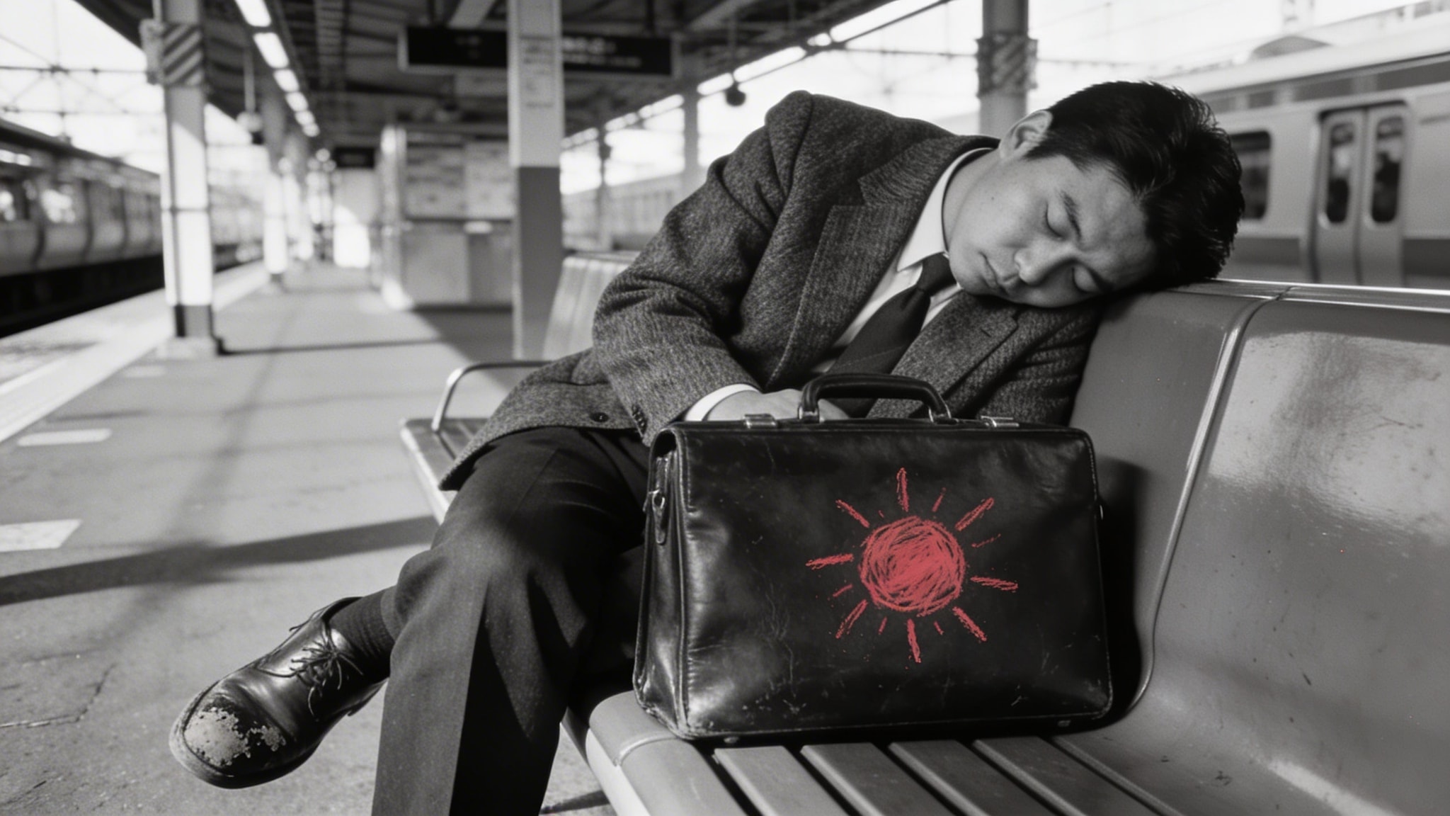 Black and white photo of a sleeping salaryman on a bench at Shinjuku Station with red crayon scribble on briefcase