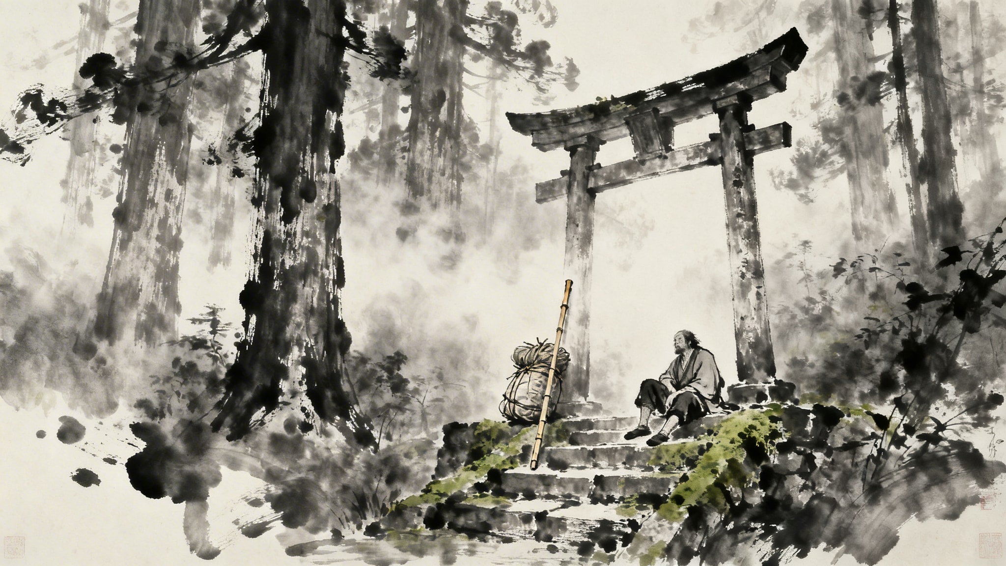 Ink wash painting of a solitary traveler resting on mossy steps by a Torii gate in a misty forest
