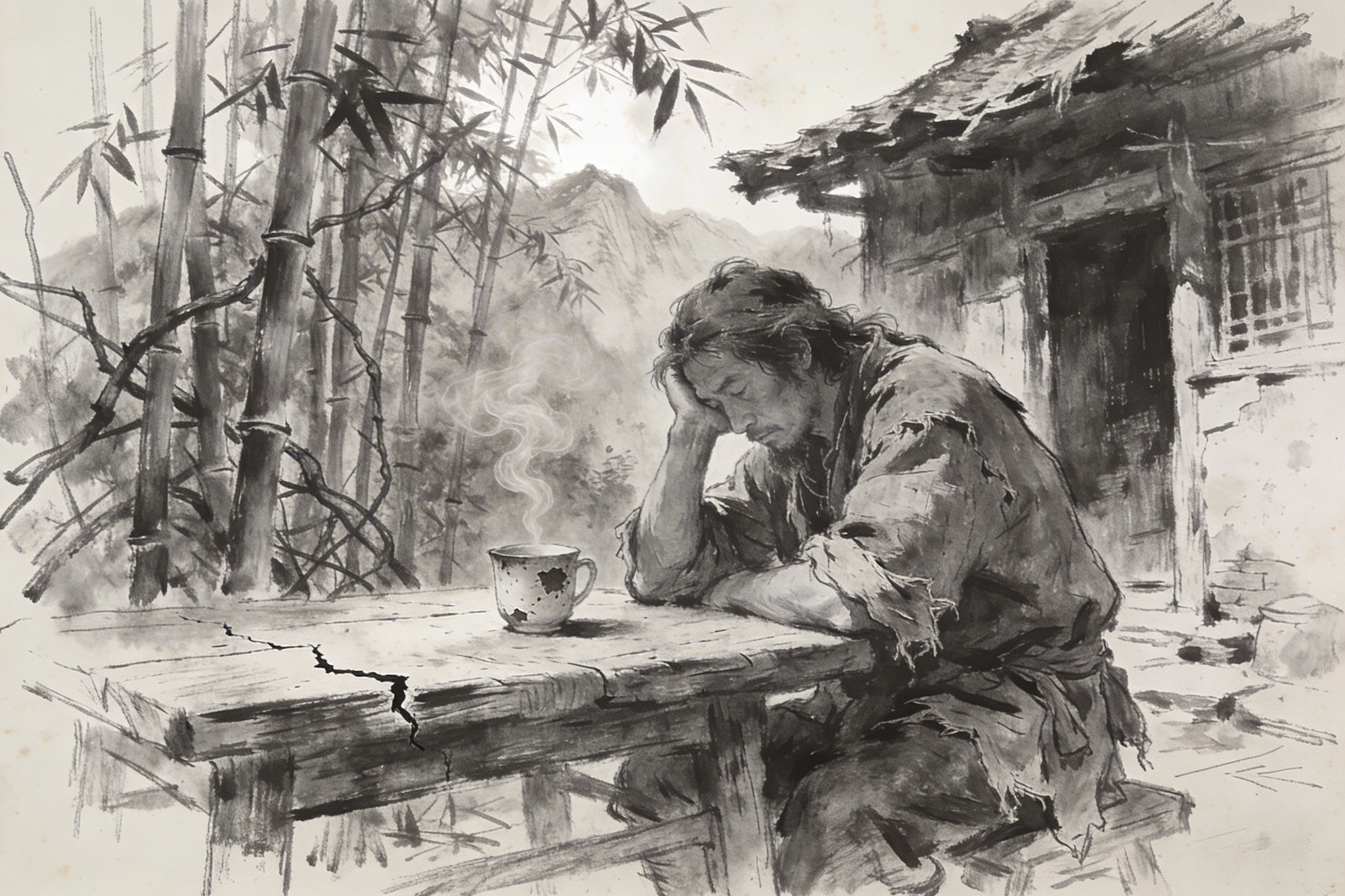 Charcoal sketch of a weary traveler at a wooden table outside a Sichuan mountain tea house