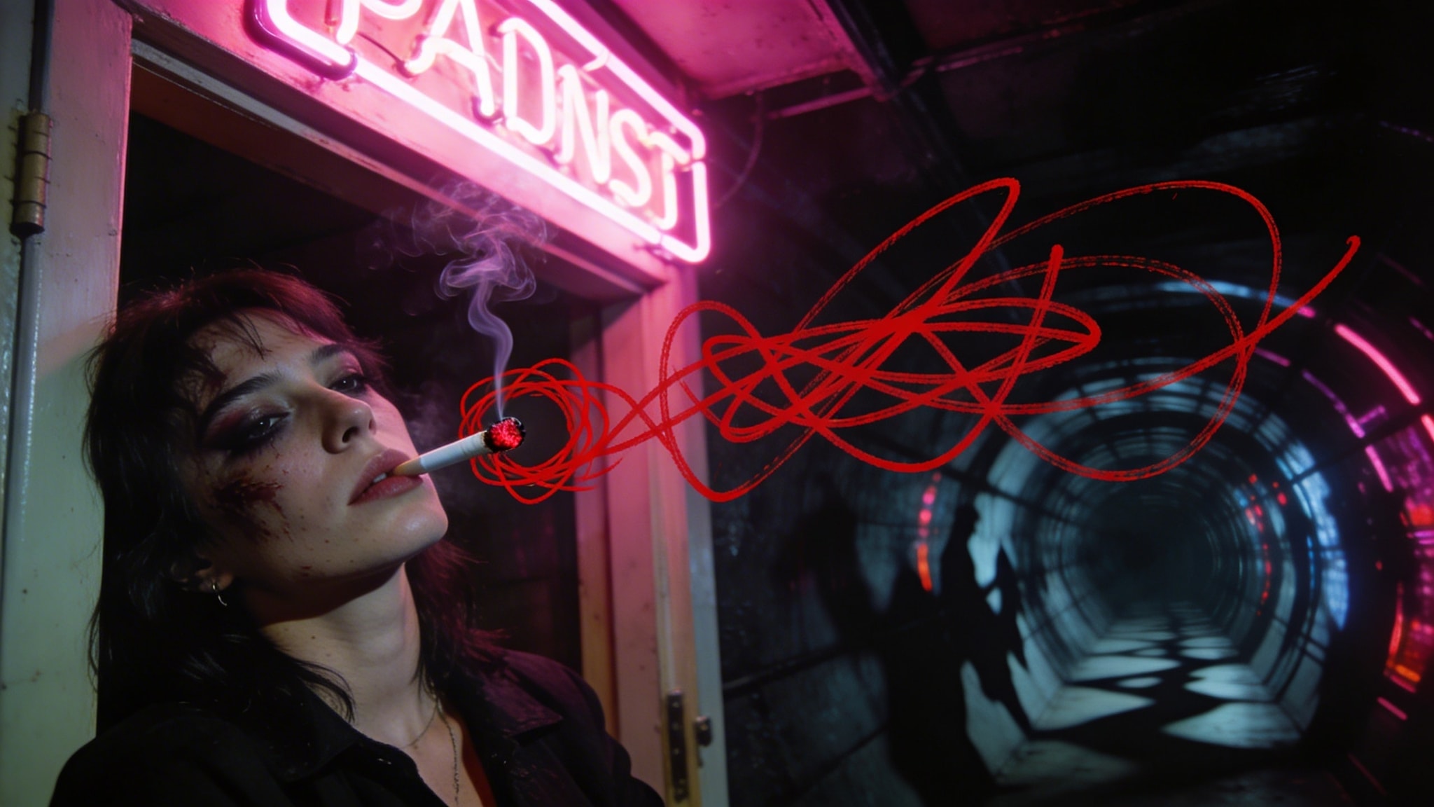 A woman with thick makeup leans against a doorframe under a pink neon sign, smoking a cigarette circled in red sharpie.