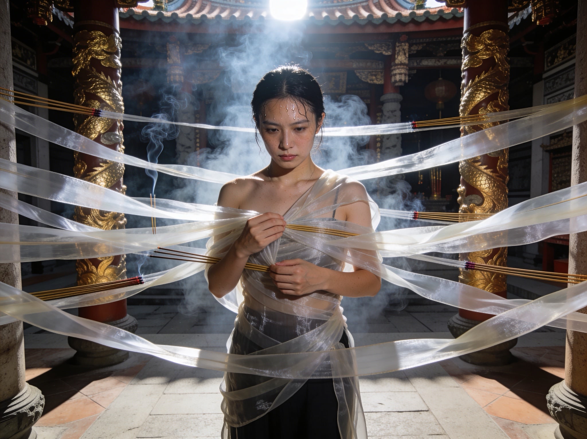 A stoic woman weaving solid incense smoke into a garment inside a smoky Taiwanese temple