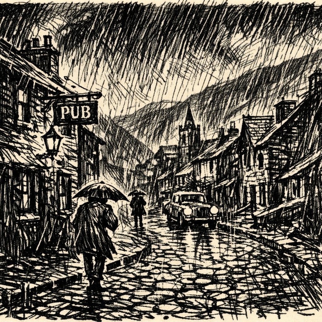 Expressive ink sketch of a wet cobblestone street in a historic Welsh town during heavy rain.