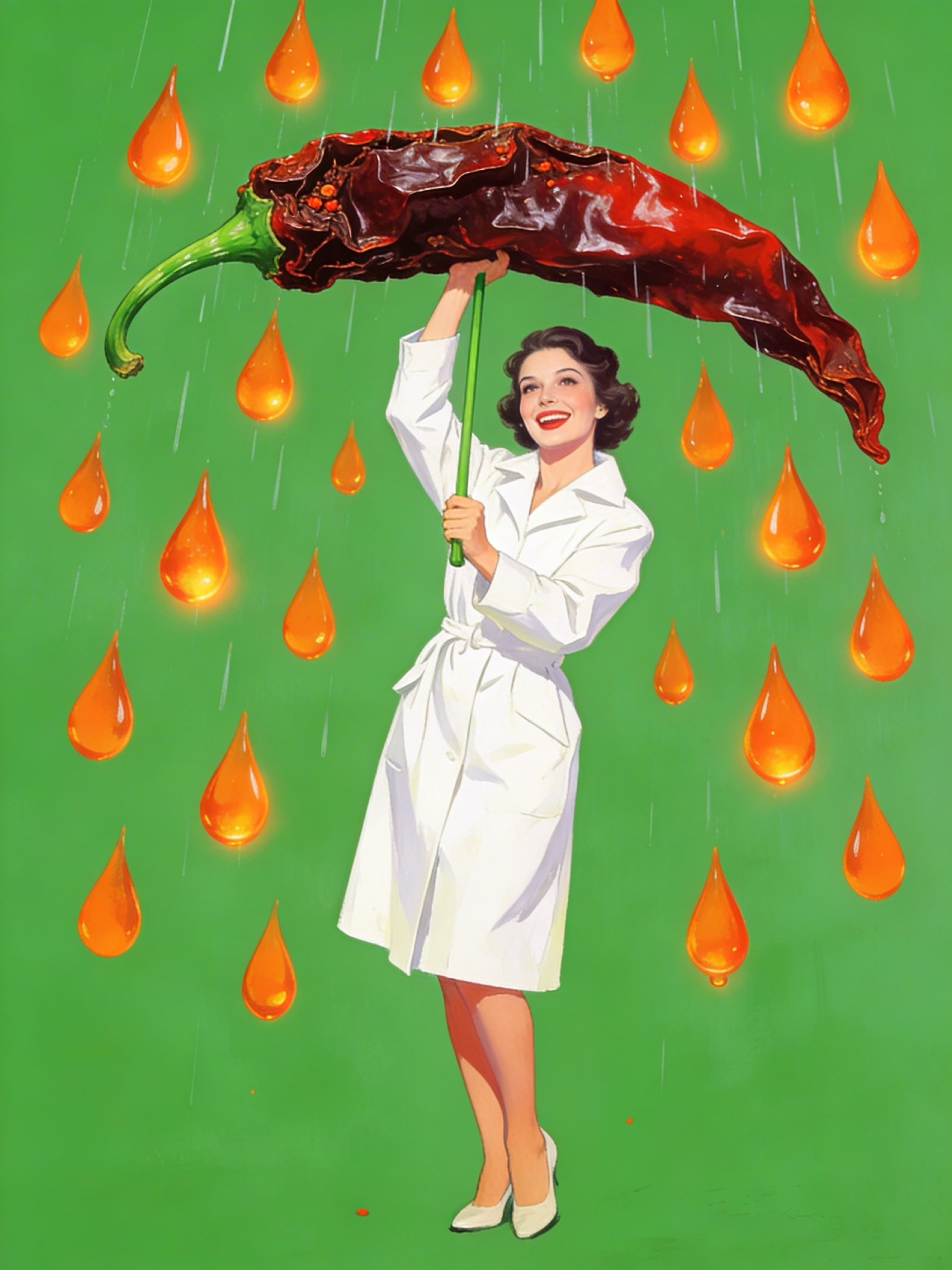 Vintage illustration of a woman using a giant chili pepper as an umbrella in hot sauce rain.