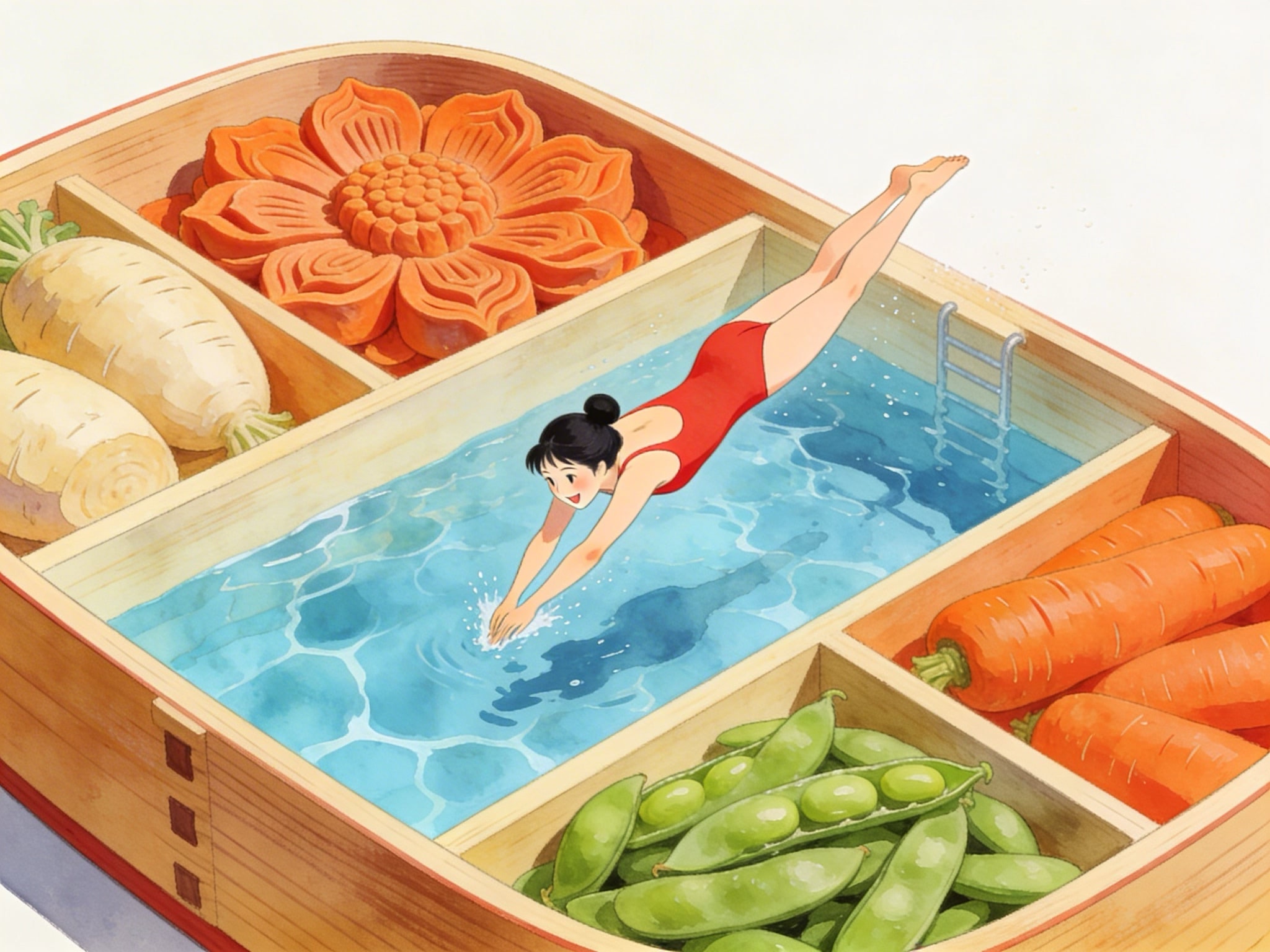 Surreal illustration of a woman diving into a water-filled bento box compartment.
