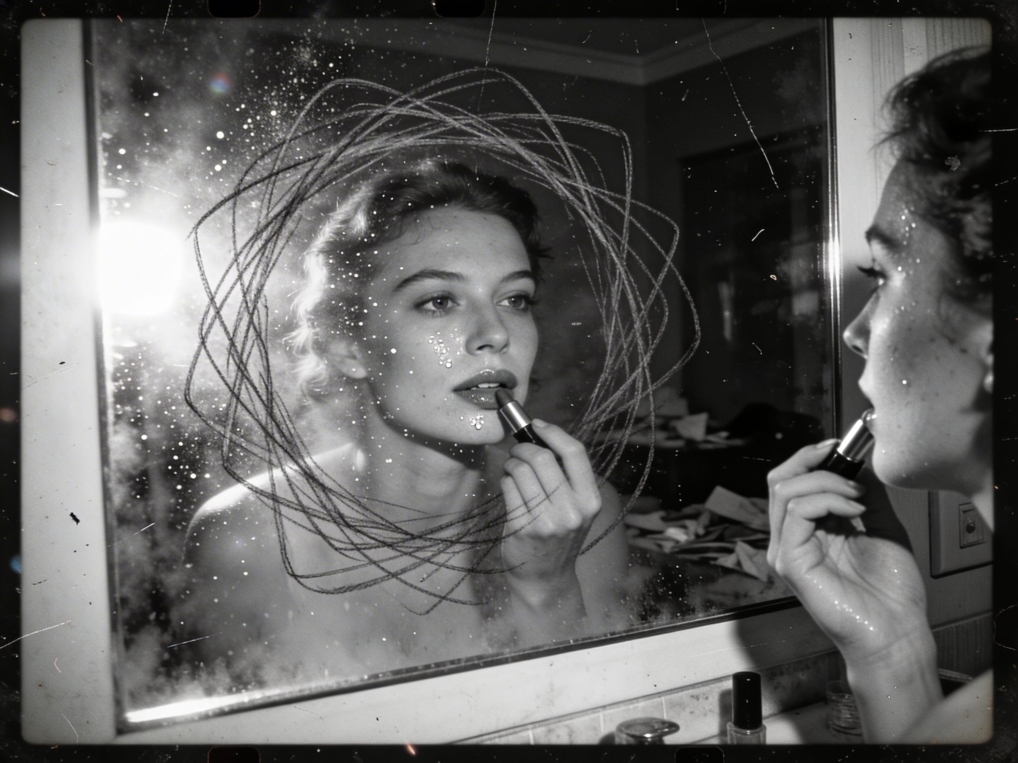 Black and white candid photo of a woman applying lipstick in a mirror, with graphite scribbles encircling her reflection.