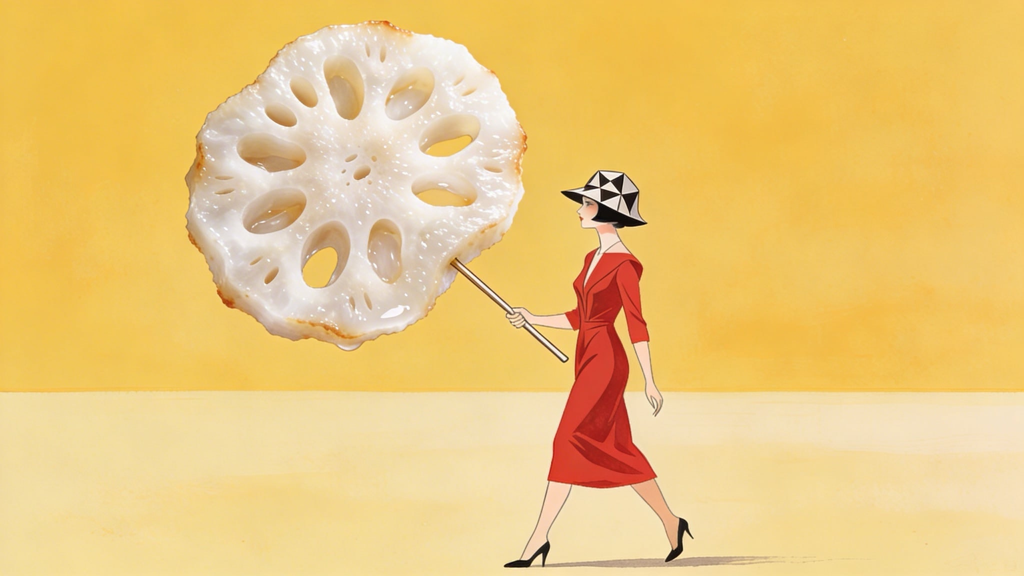 Surreal illustration of a woman in a red dress carrying a giant lotus root slice as a parasol.