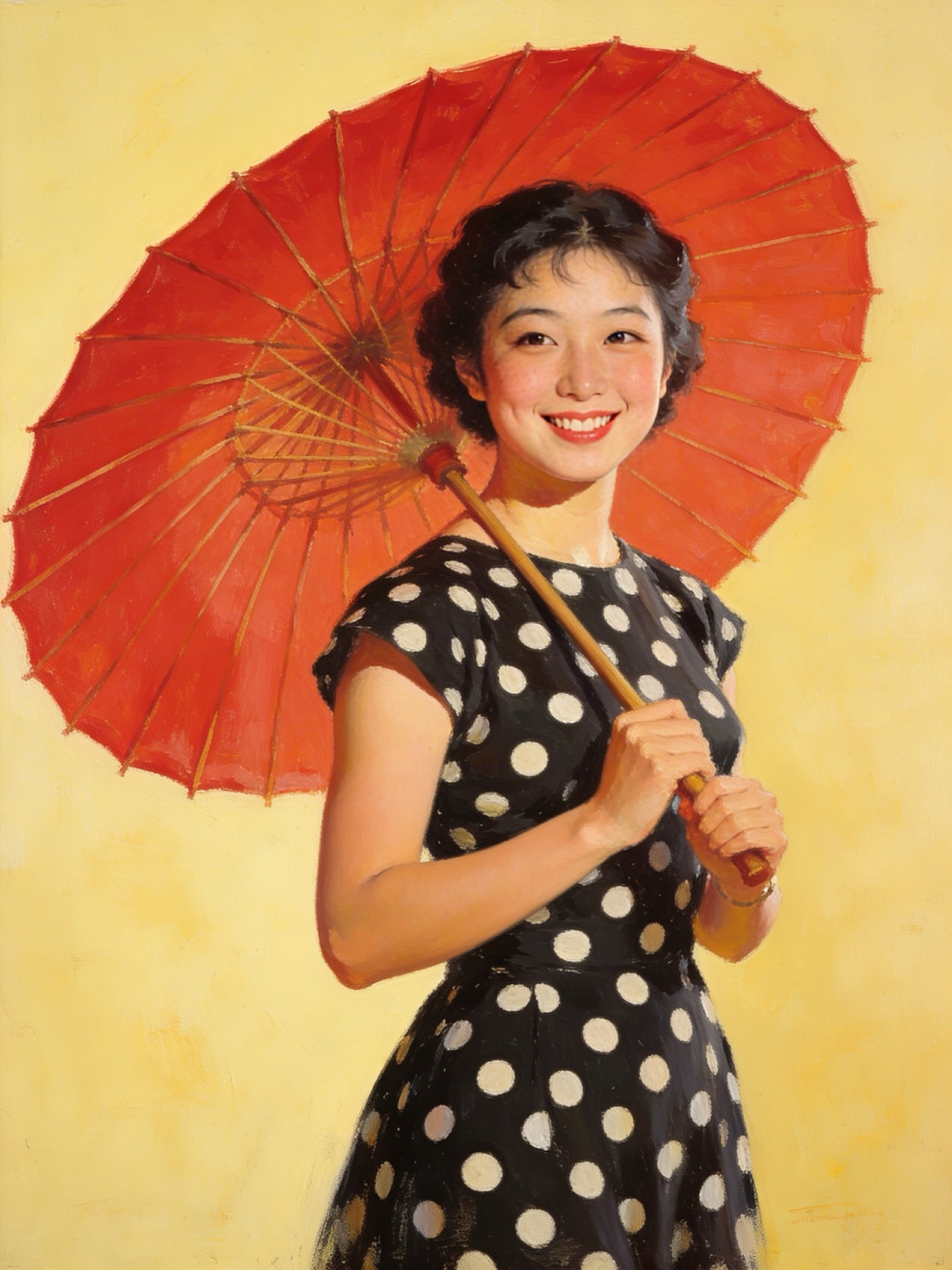 Vintage-style painting of a smiling Asian woman in a polka dot dress holding a red parasol.