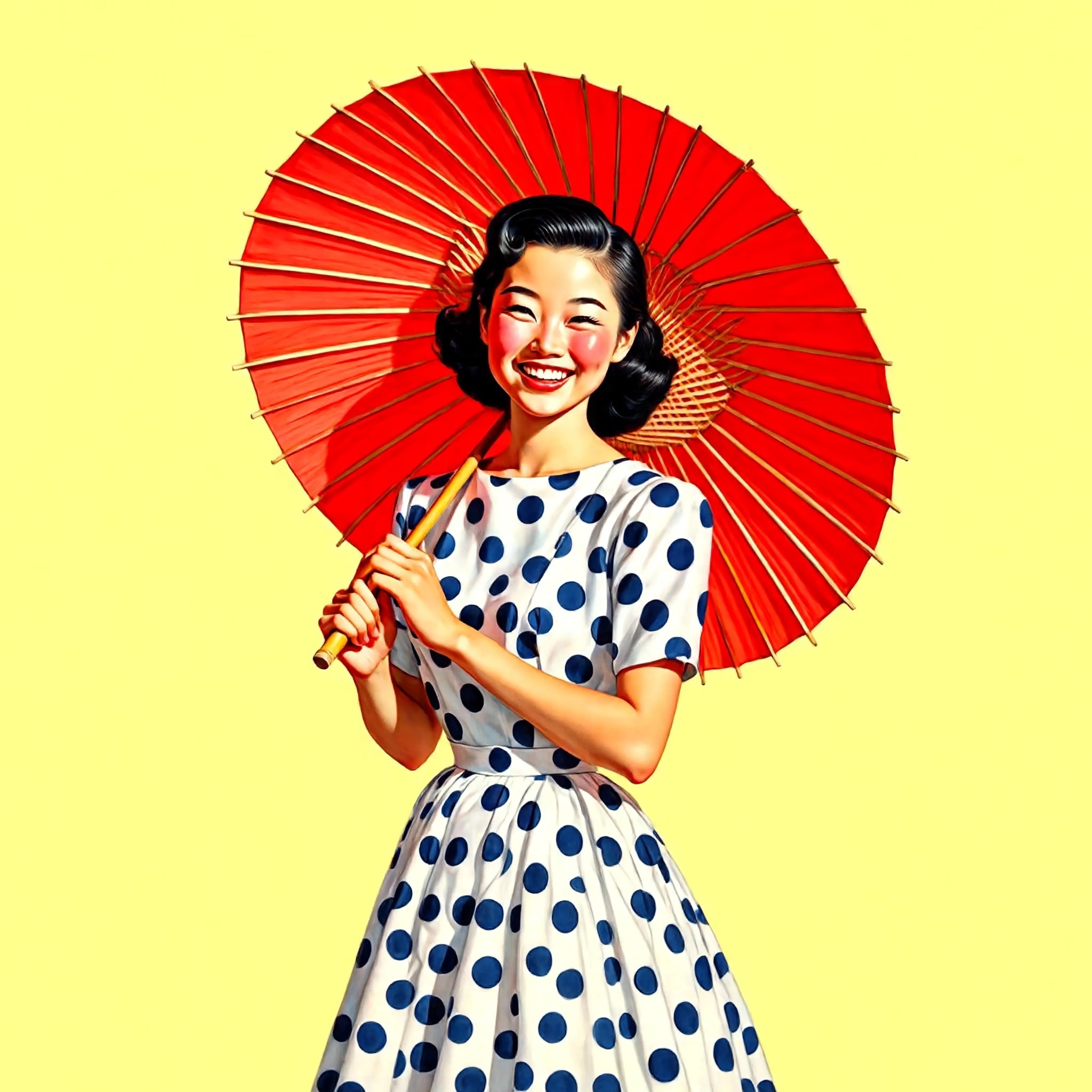 A young Japanese woman smiling, holding a red paper umbrella, wearing a polka dot dress against a pastel yellow background