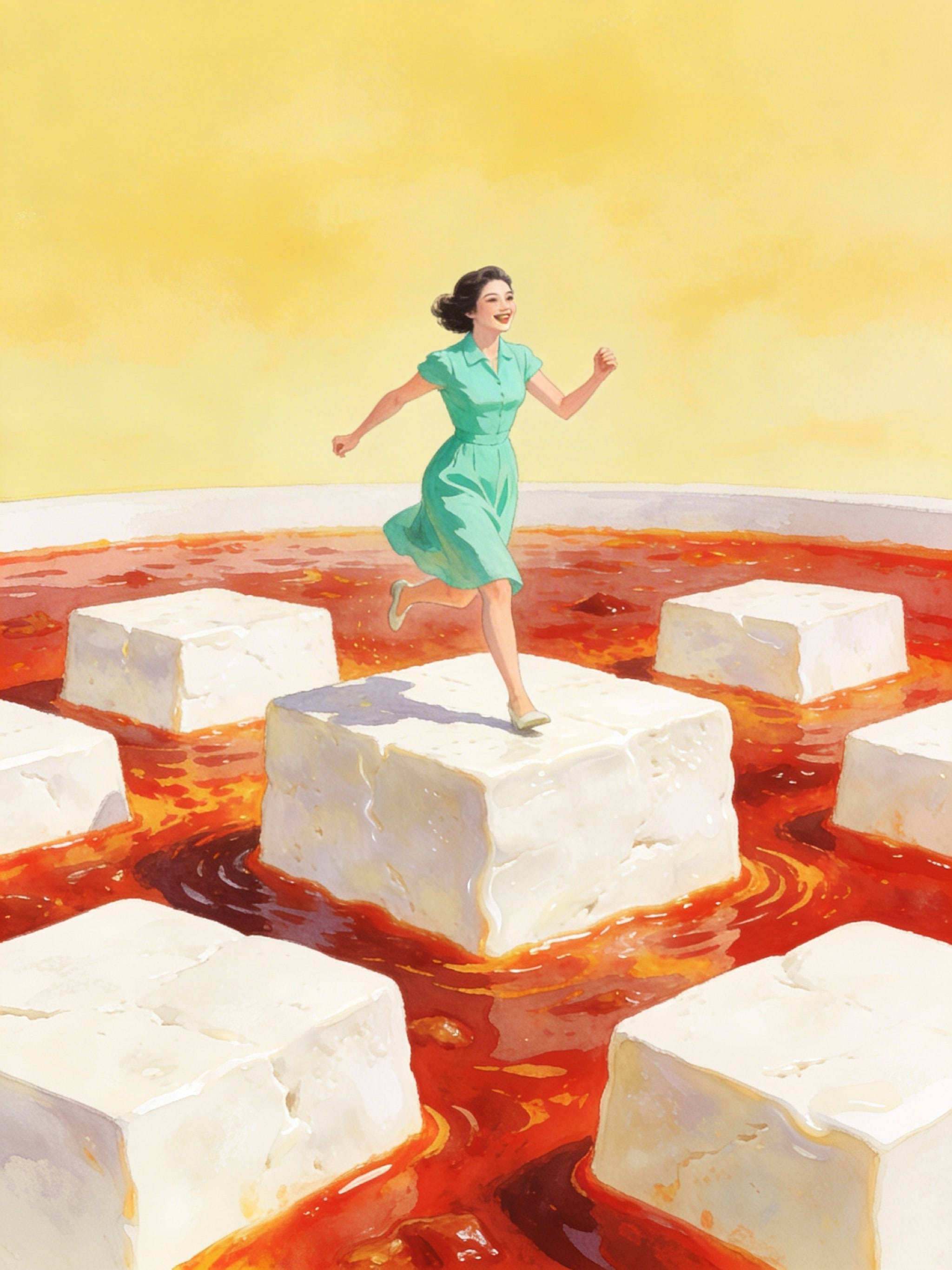 A woman in a teal dress running across giant tofu blocks in mapo tofu sauce.