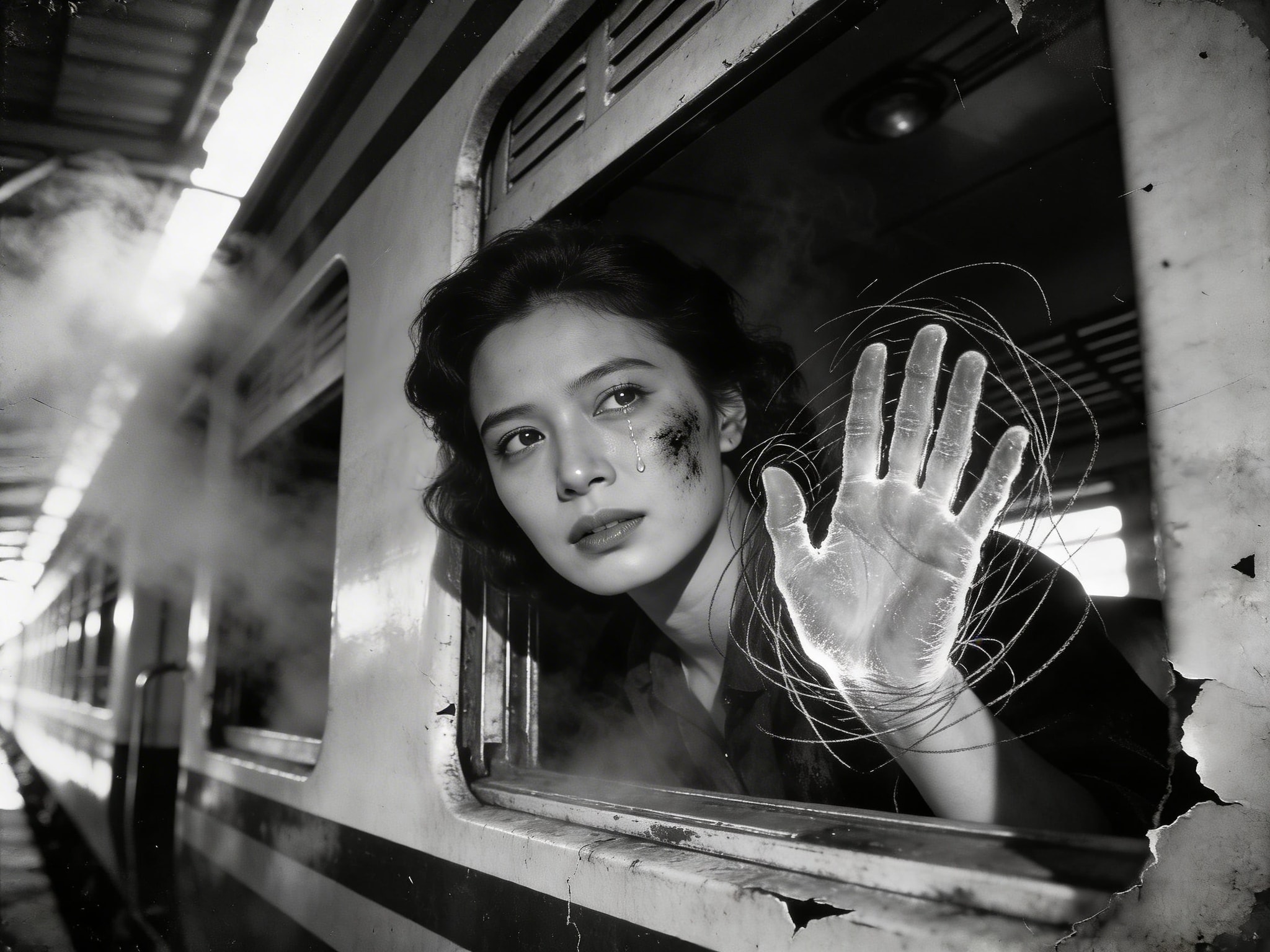 Black and white distressed photo of a woman leaning from a steam train window at Hua Lamphong station, with soot on her cheek and tears in her eyes.
