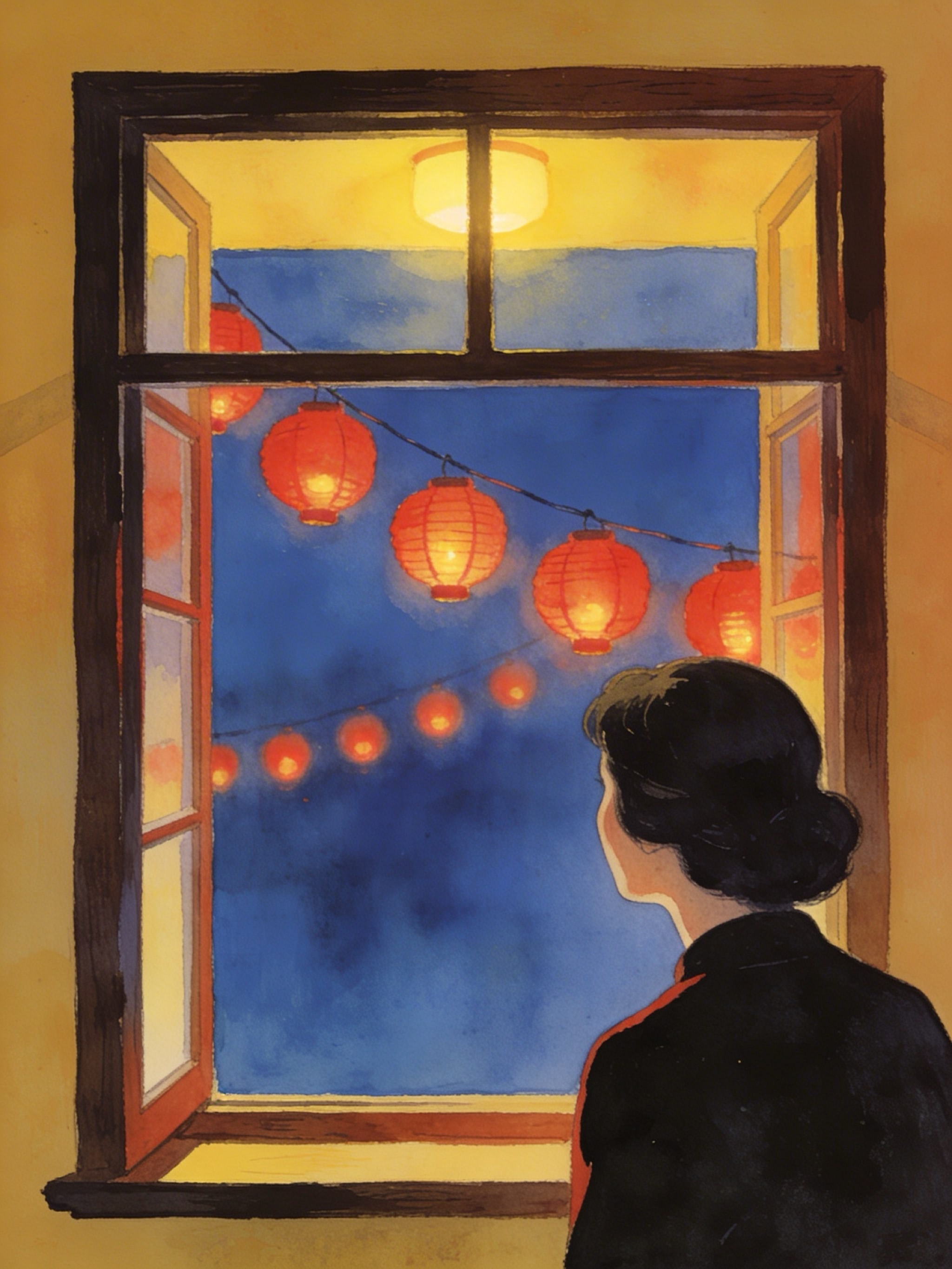 A woman looking out a dark wooden window at glowing red lanterns during twilight