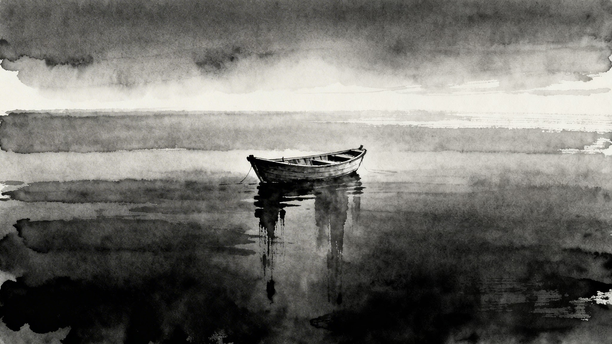 Minimalist ink wash sketch of a small wooden boat on a dark, calm lake at dawn