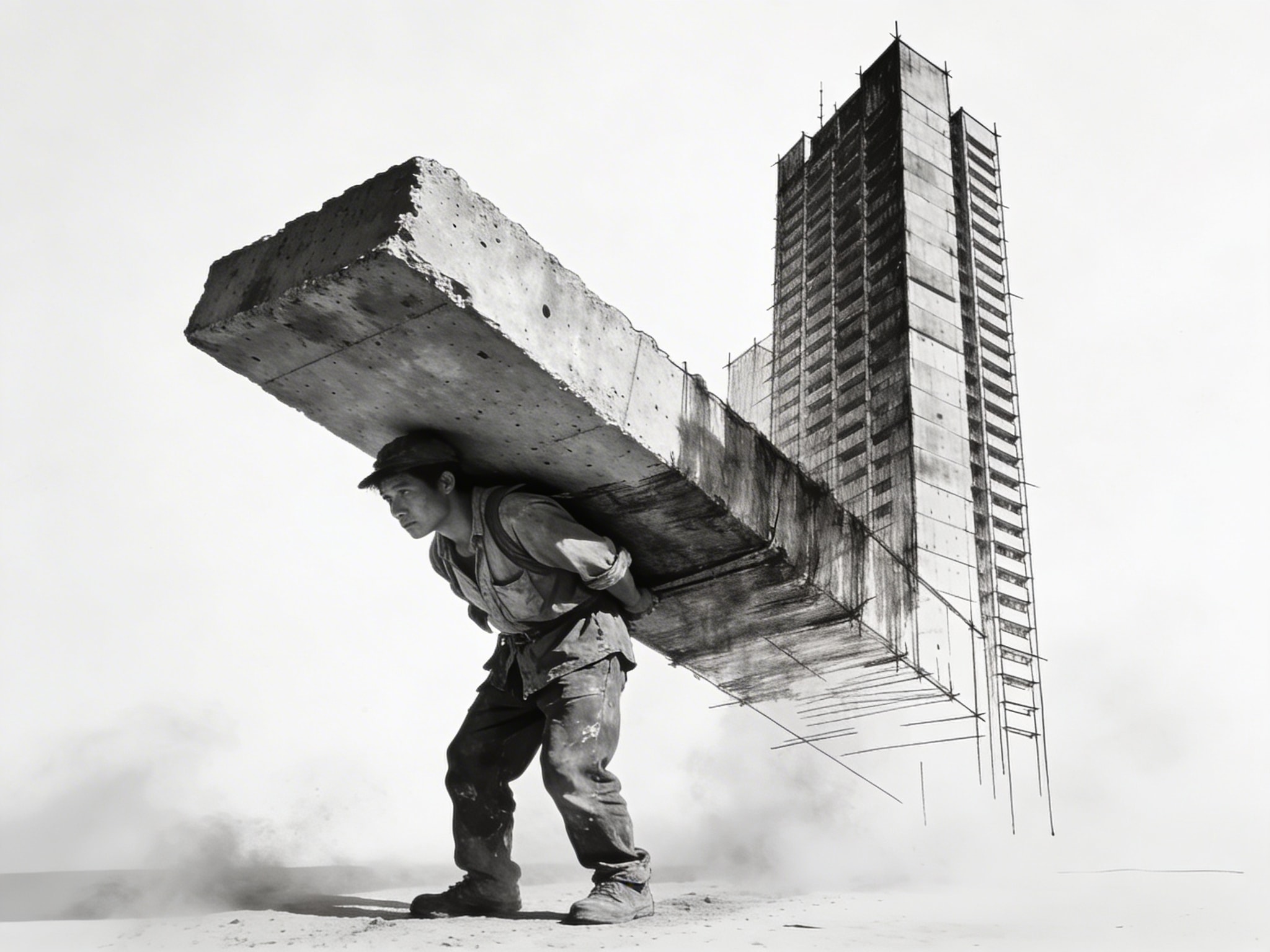 Black and white surrealist photo of a migrant worker carrying a massive concrete slab that transforms into a sketched skyscraper