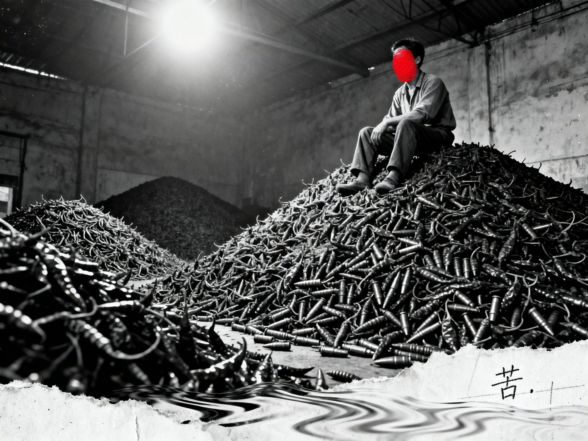 Black and white photo of a worker sitting on dried chilies with a red ink thumbprint on face