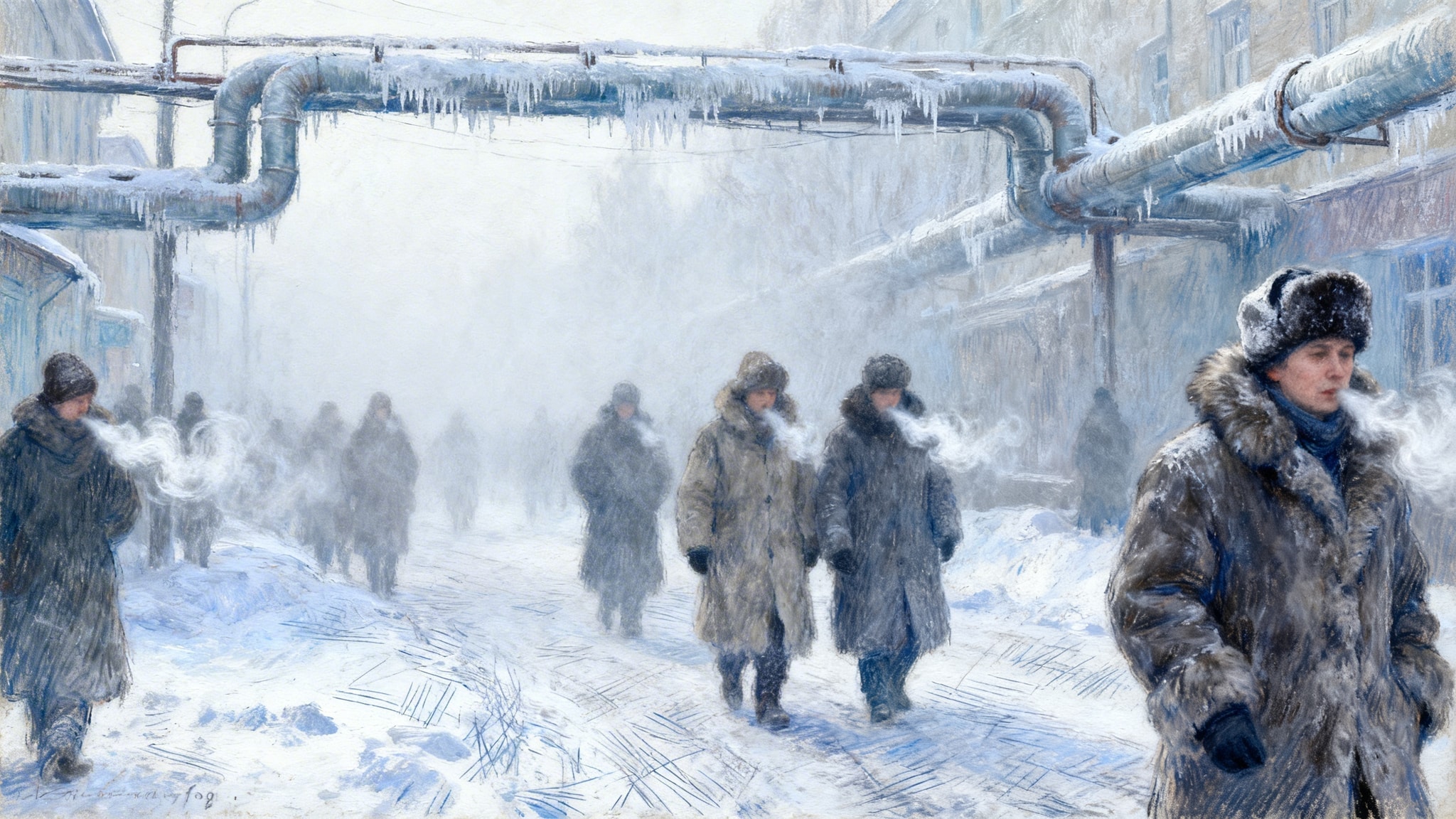 Heavy pastel drawing of a frozen Yakutsk street scene with ice fog, exposed pipes, and bundled pedestrians