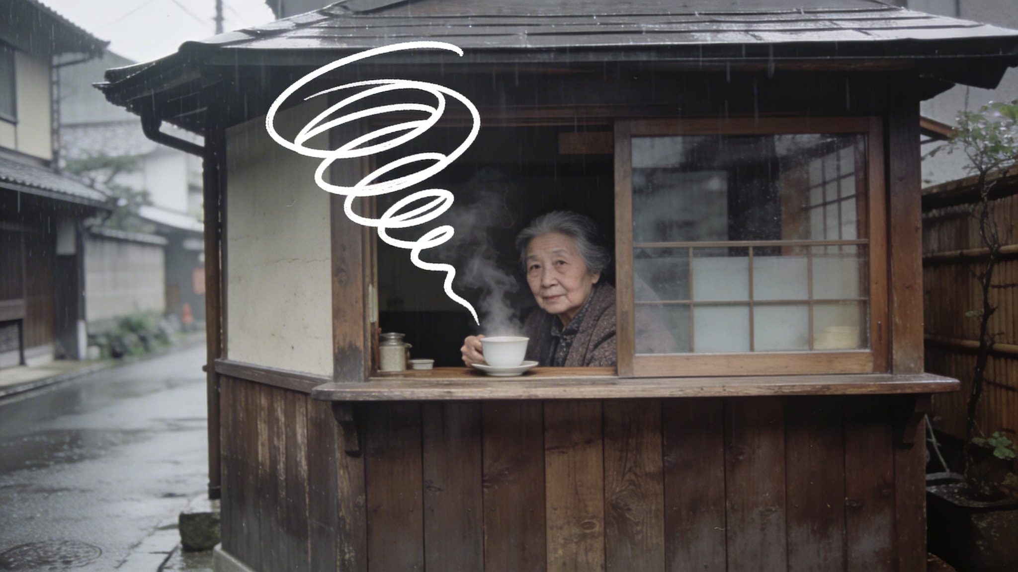 Desaturated 1962 photo of a wooden tea house in Yanaka, Tokyo, with a hand-drawn white scribble representing steam from a cup.