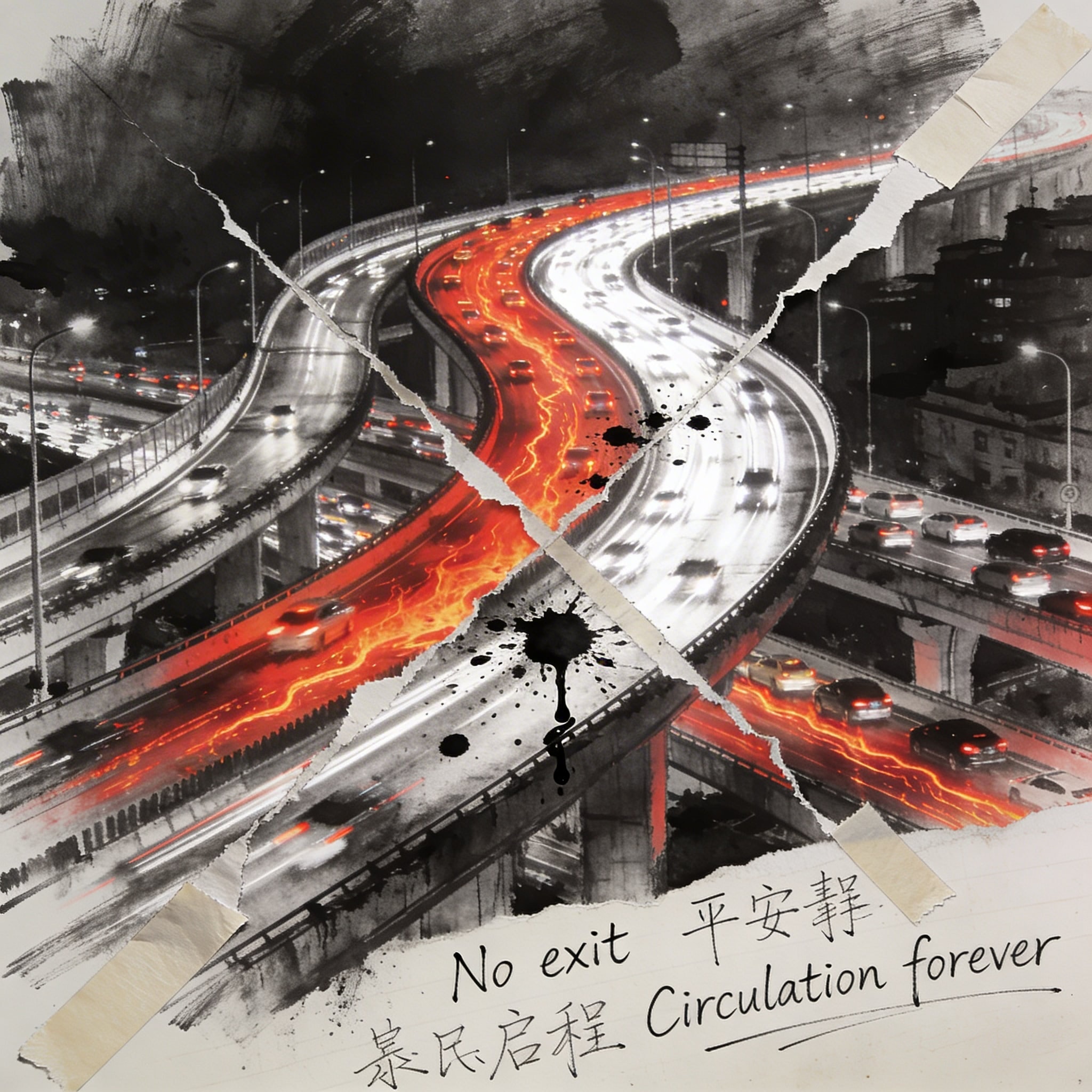 Long exposure photograph of Yan'an Elevated Road interchange at night with light trails, overlaid with torn tape and charcoal shading.