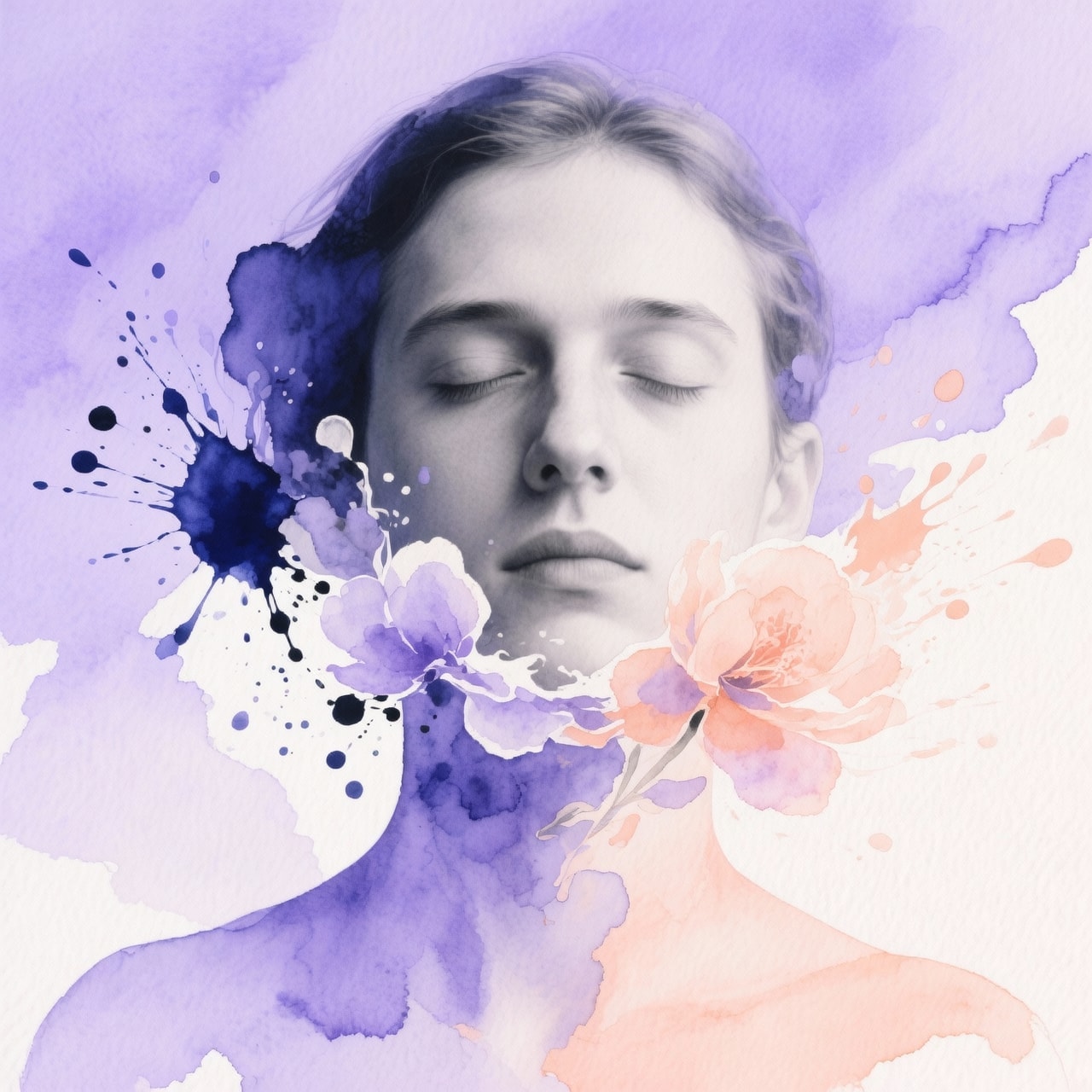 A conceptual portrait where a face fades into watercolor blooms and ink splatters on textured paper.