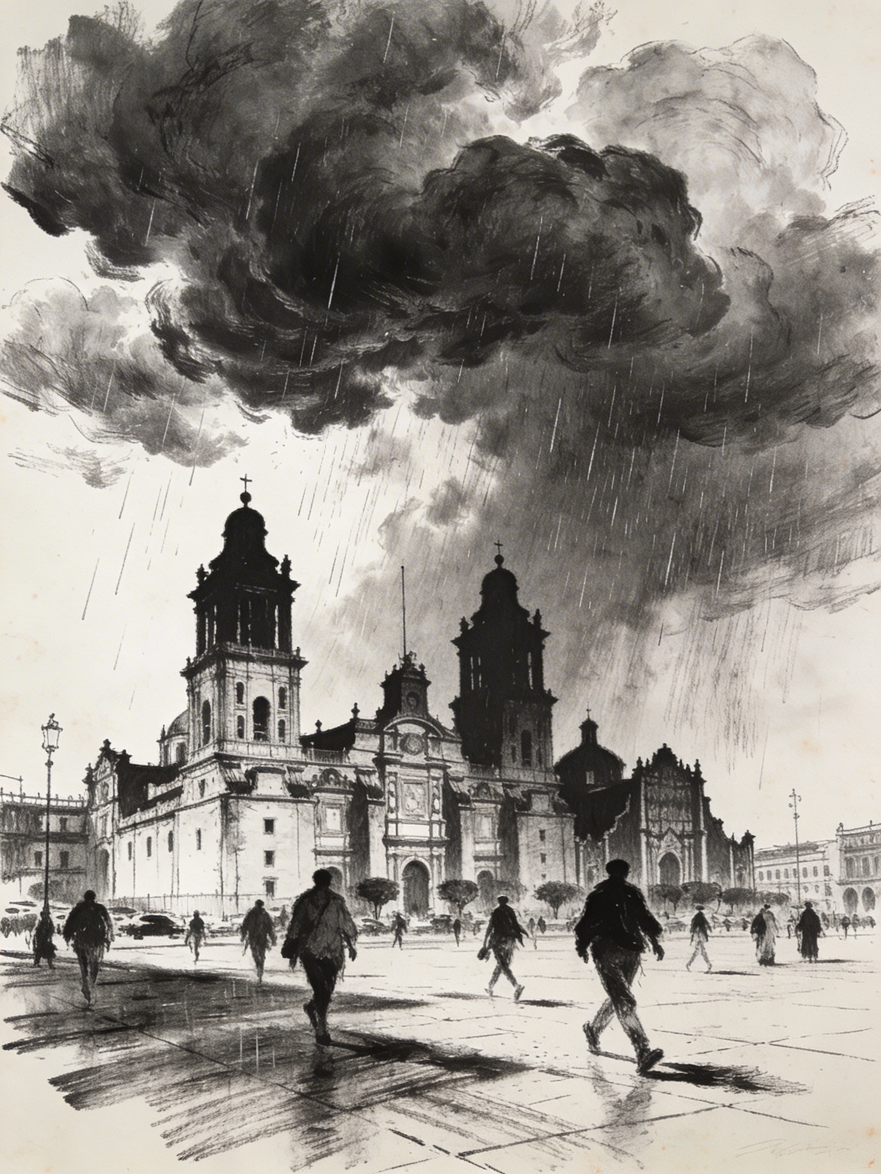 Charcoal sketch of Mexico City's Zócalo square with storm clouds and silhouetted pedestrians near the cathedral