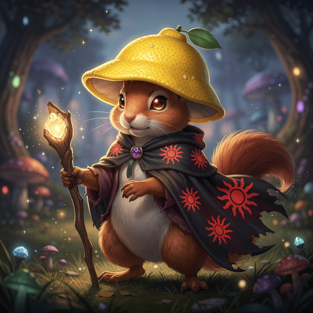 A cute fantasy squirrel wearing a lemon hat and a magic sun-patterned cloak holding a glowing staff in an enchanted forest.