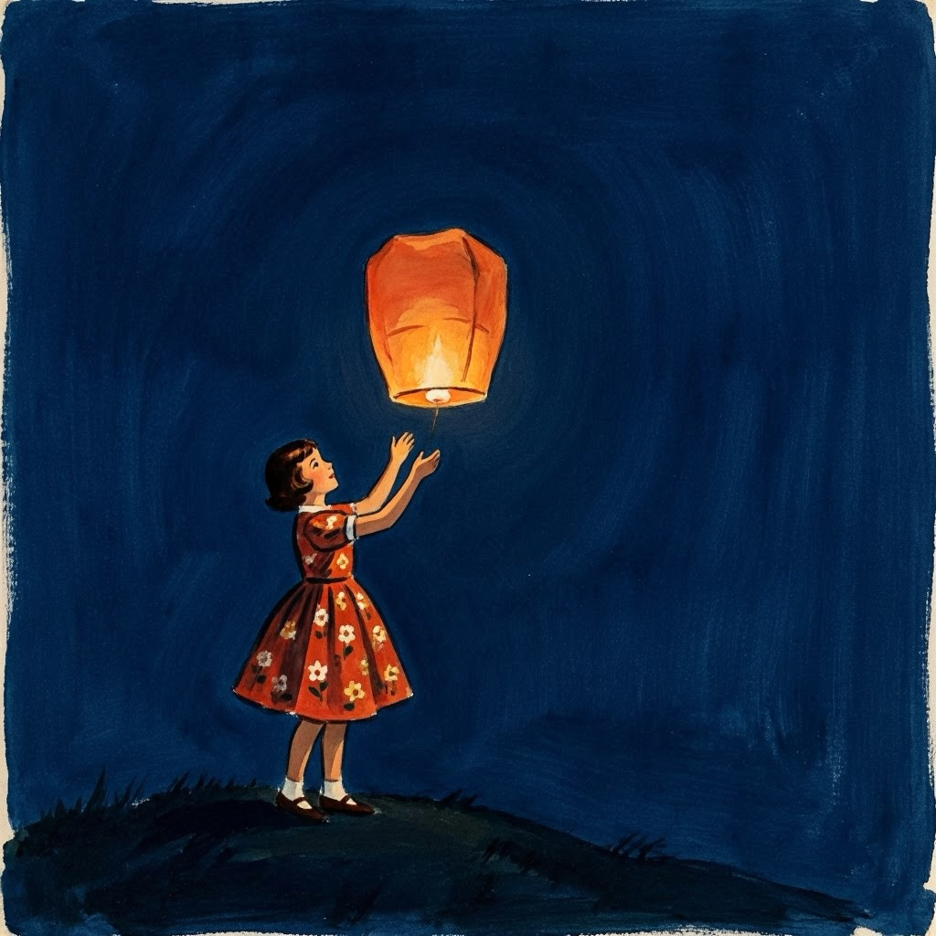 Illustration of a girl in a red floral dress releasing a glowing orange lantern into a dark blue night sky