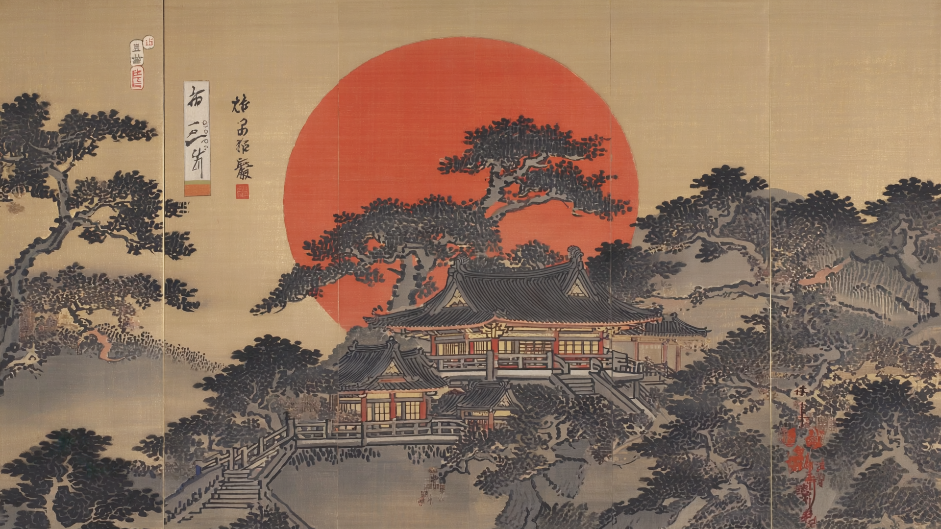 Landscape painting of a Japanese pagoda in a dark forest under a starry night sky with a large red sun