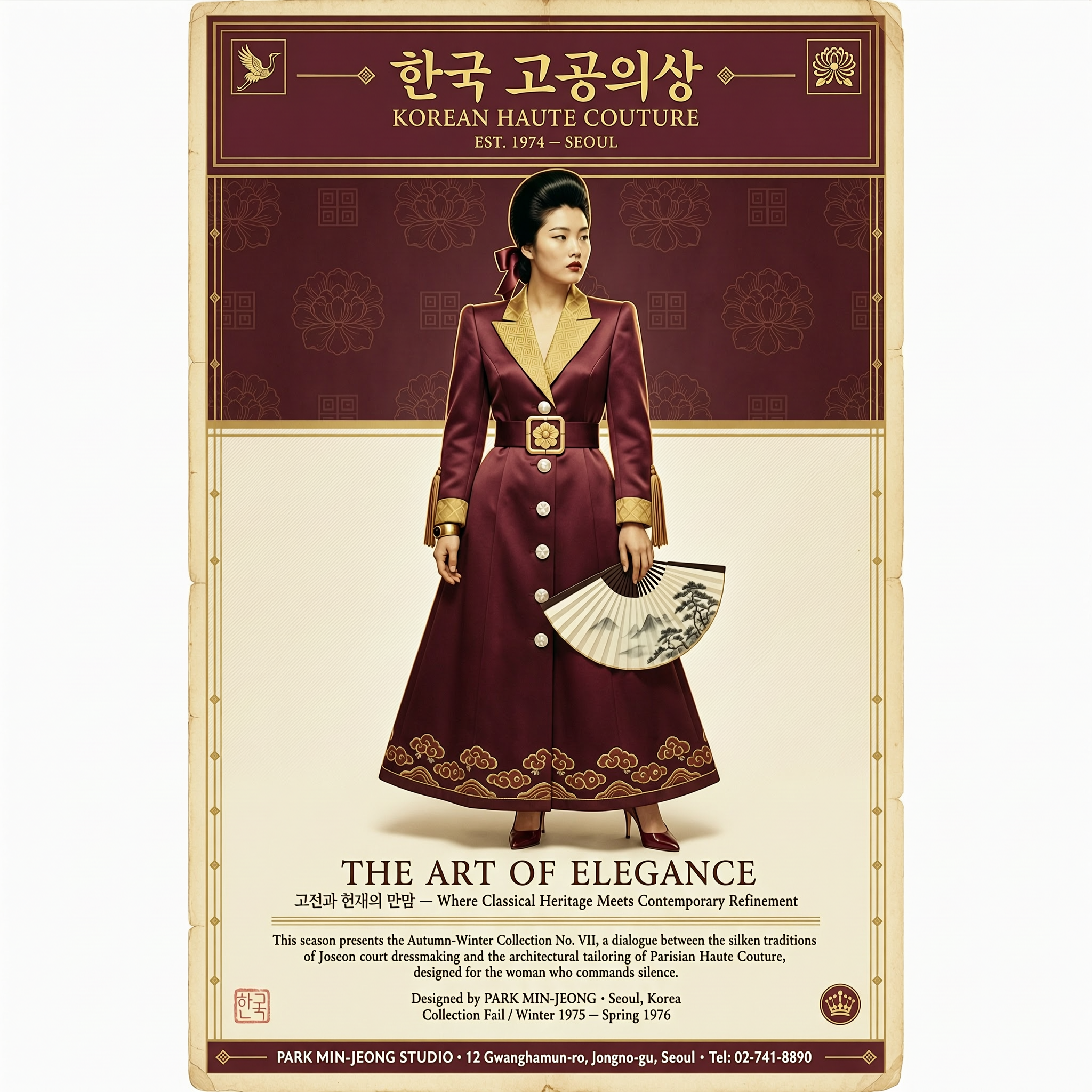 Vintage-style fashion poster featuring a woman in a long burgundy silk coat with gold accents holding a traditional Korean fan.