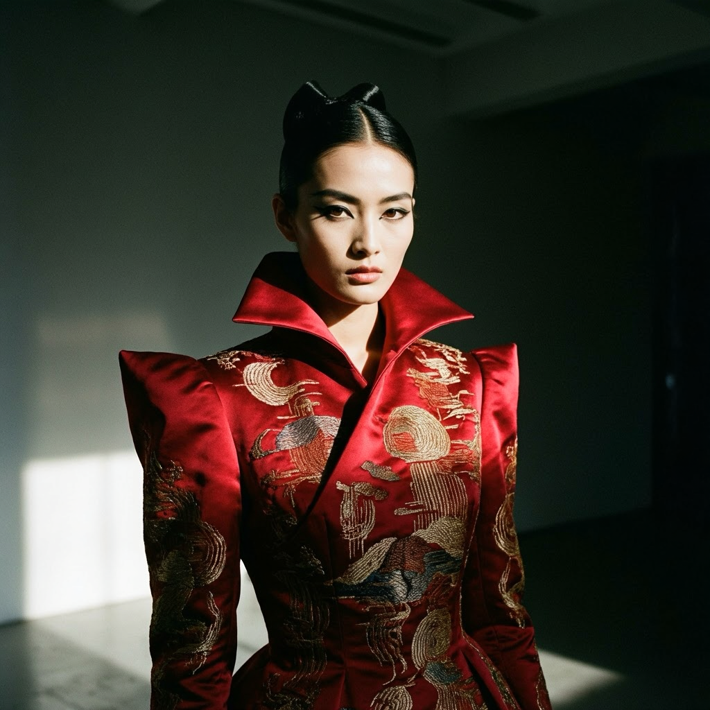 A fashion model wearing a structured red embroidered coat with a high collar.