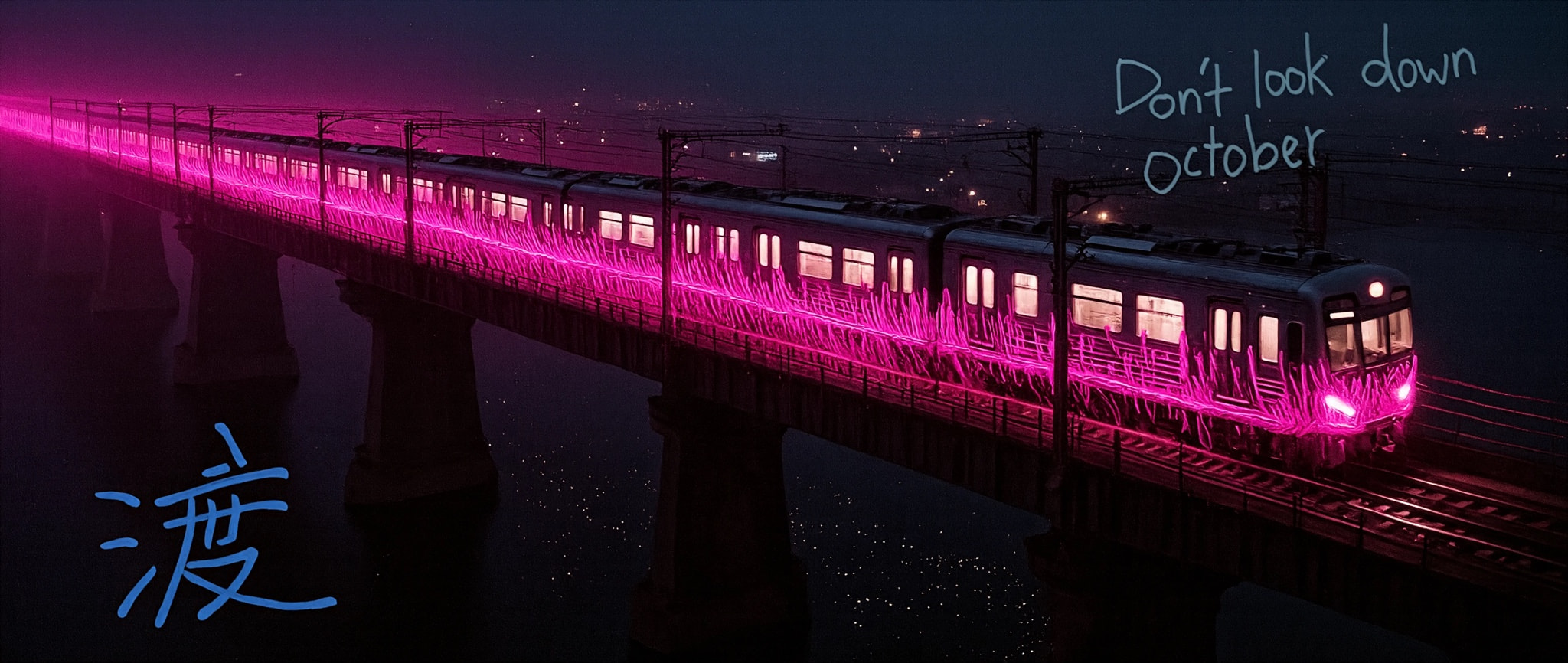 A passenger train illuminated by glowing pink lights crosses a bridge at night with text overlays.