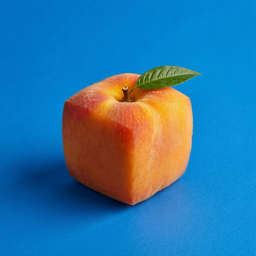 A square-shaped orange peach on a blue background, photographed from an isometric perspective in a studio.
