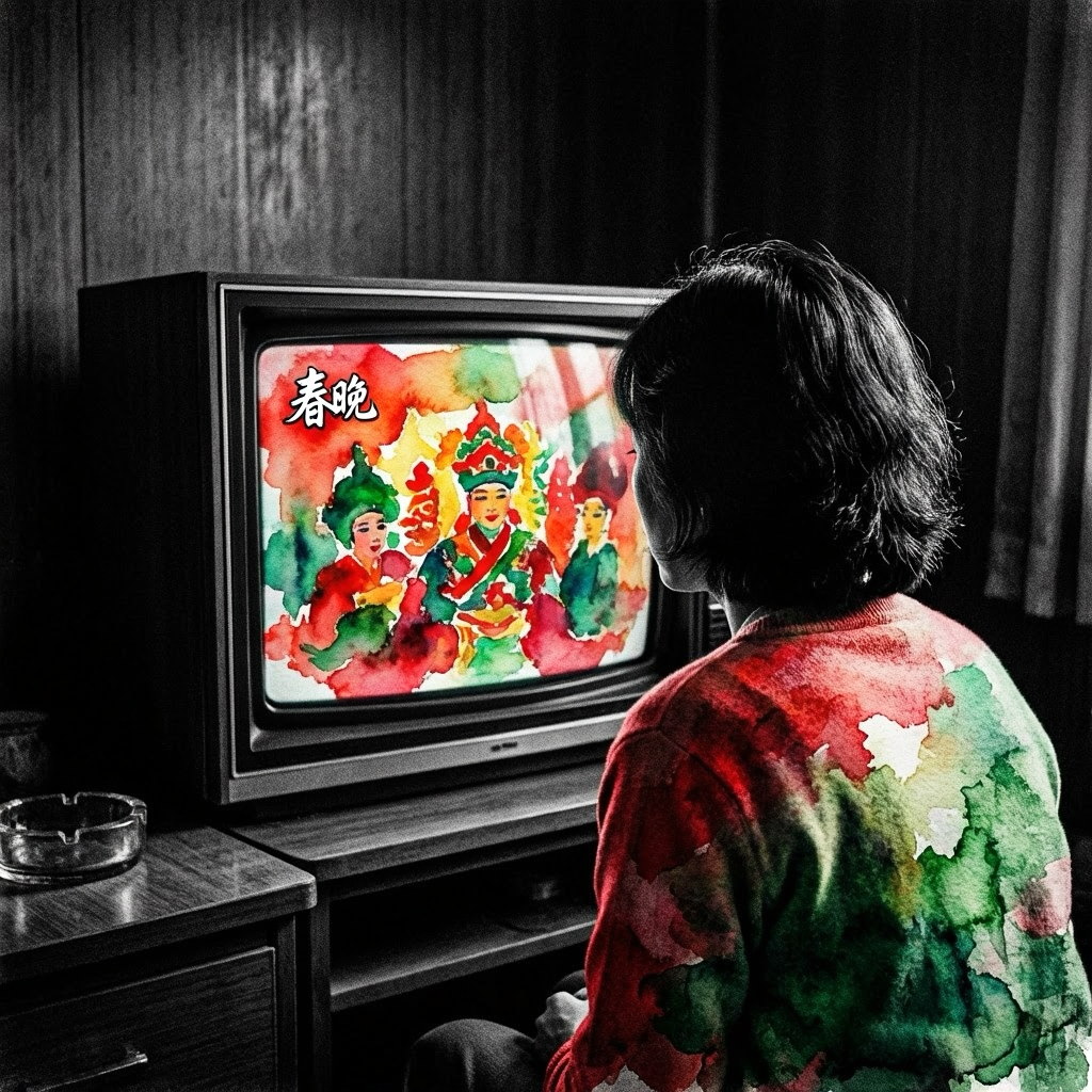 Back view of a person watching a colorful watercolor scene on a vintage television set.