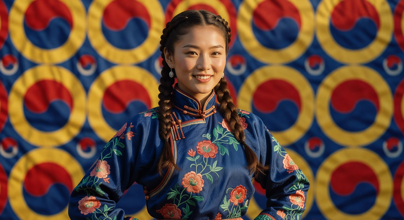 A smiling young woman wearing a blue traditional garment with flower embroidery posing in front of a patterned backdrop.