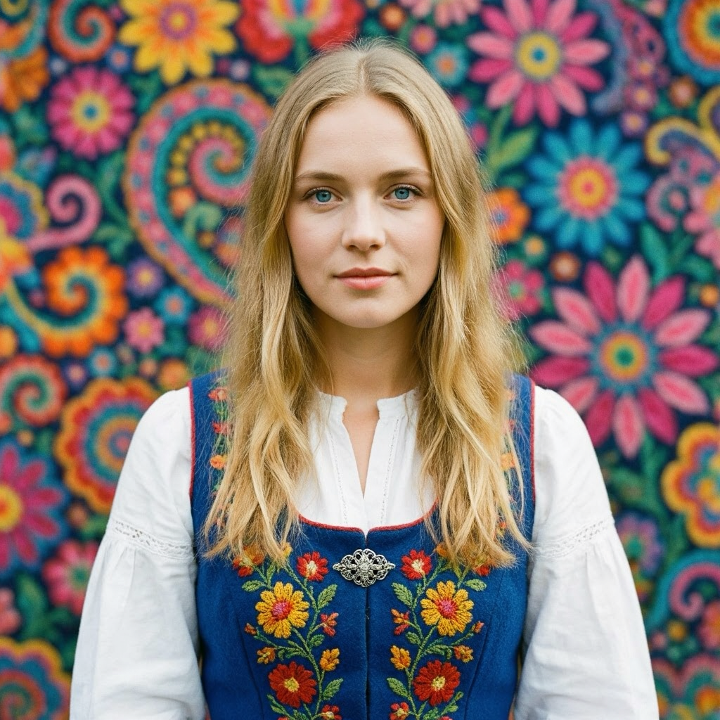 Woman in traditional embroidered vest against colorful floral background.