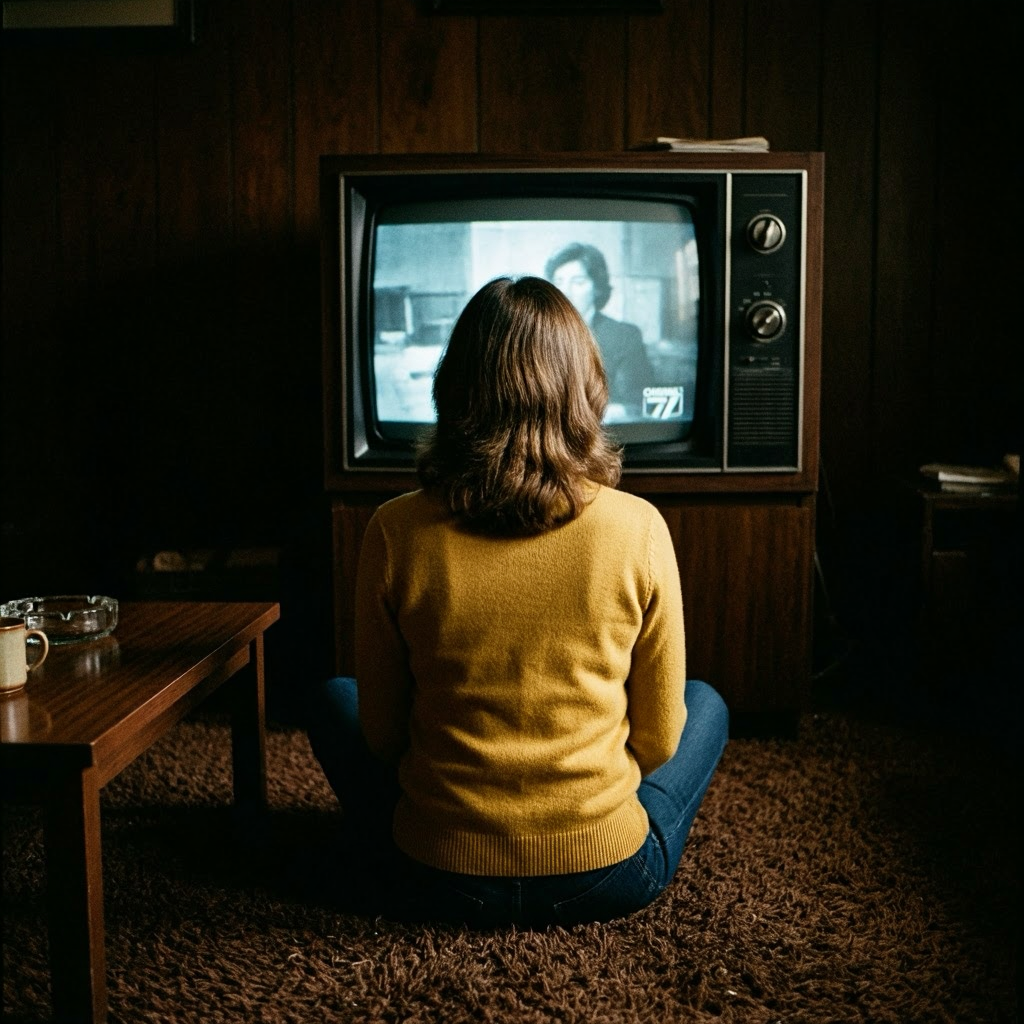 woman sitting on carpet watching vintage television