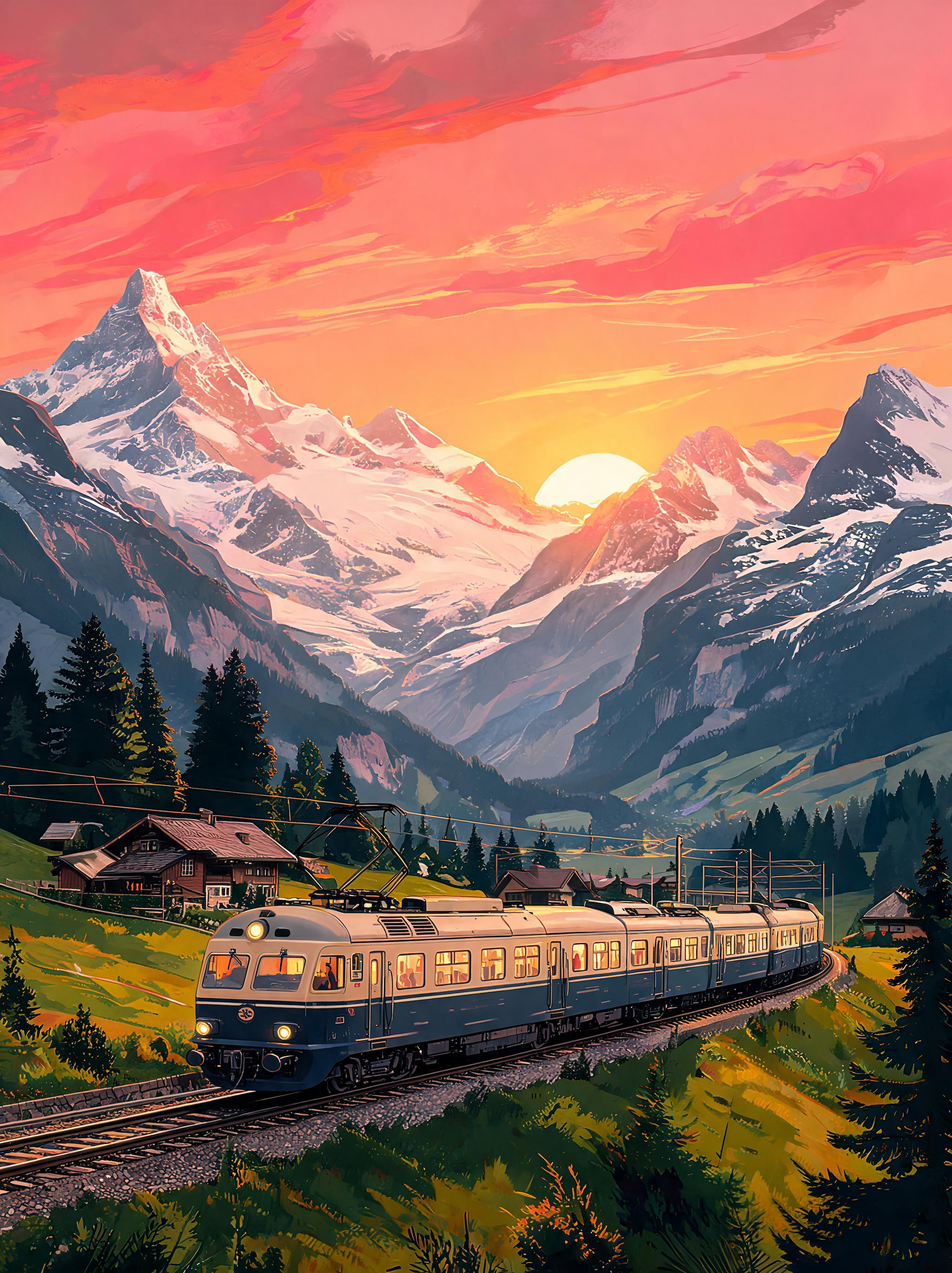 Blue and cream passenger train traveling through a Swiss alpine landscape at sunset