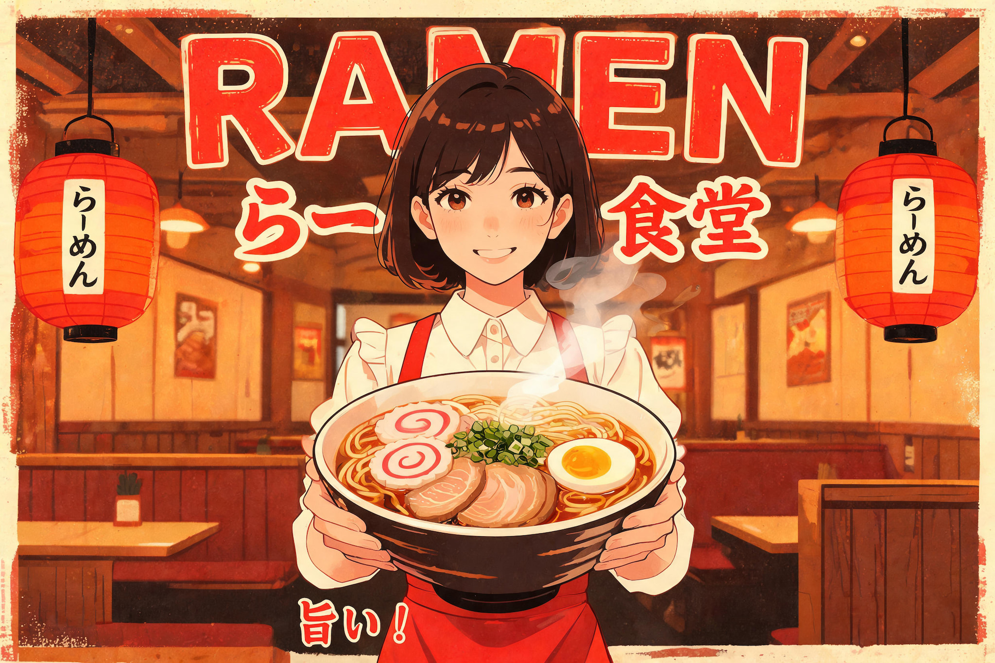 Anime style illustration of a waitress serving a bowl of ramen