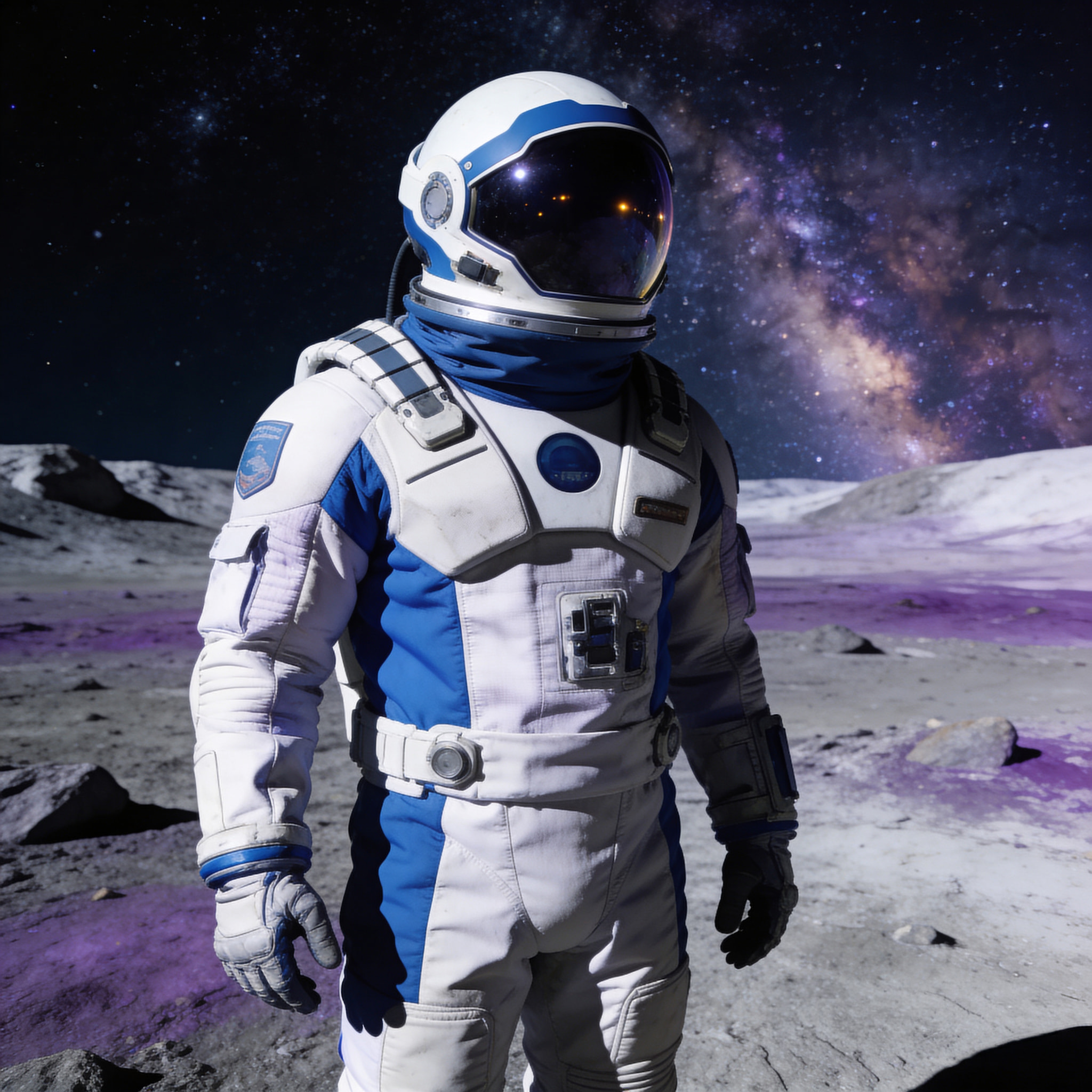 Astronaut in a white and blue suit standing on a rocky lunar surface against a background of the Milky Way galaxy.
