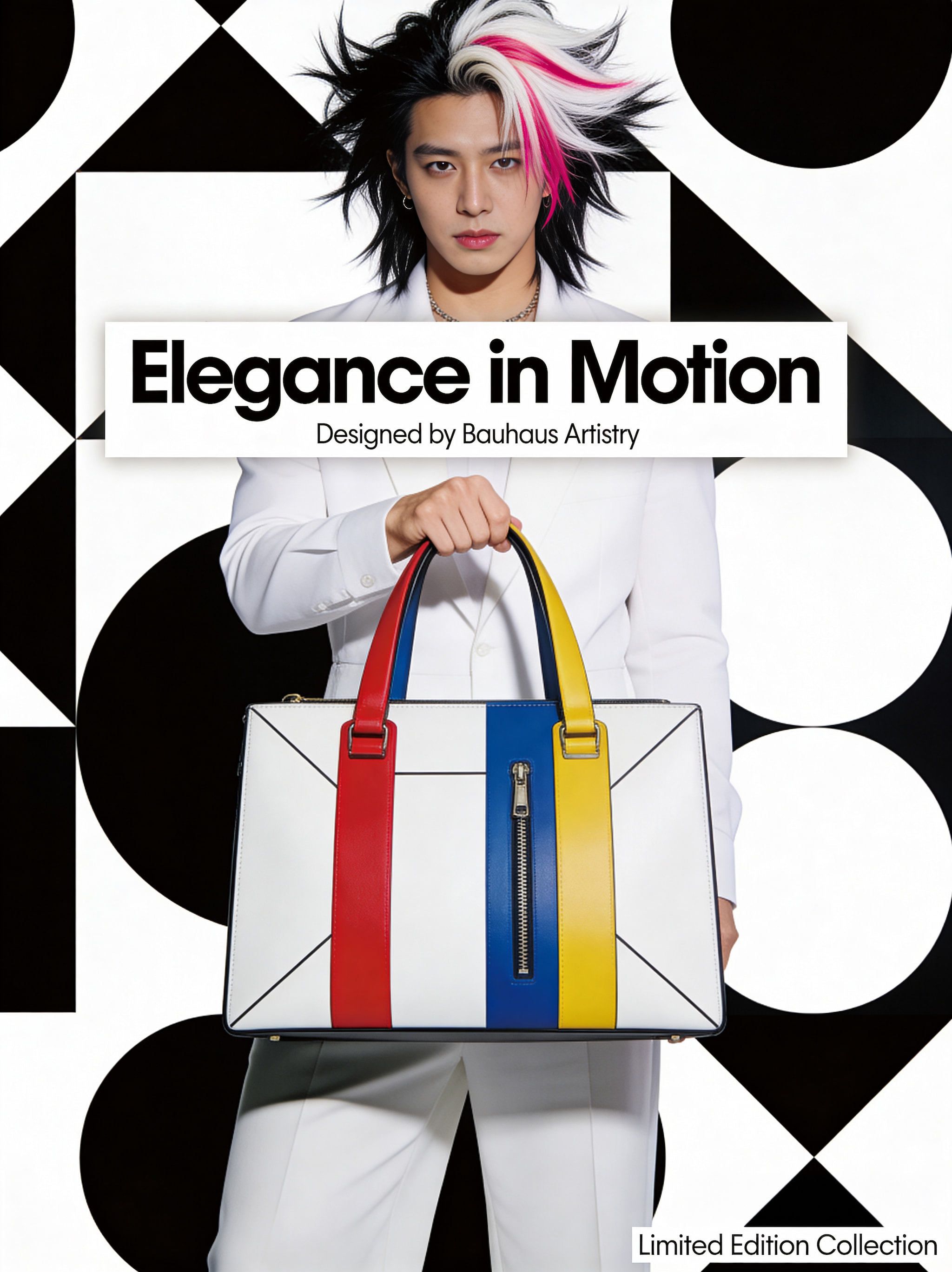 A person with styled hair holding a geometric tri-color handbag against a graphic black and white background.