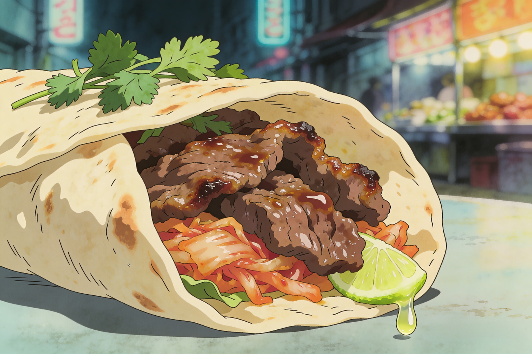 An anime-style illustration of a beef burrito with cilantro, kimchi, and a lime wedge.