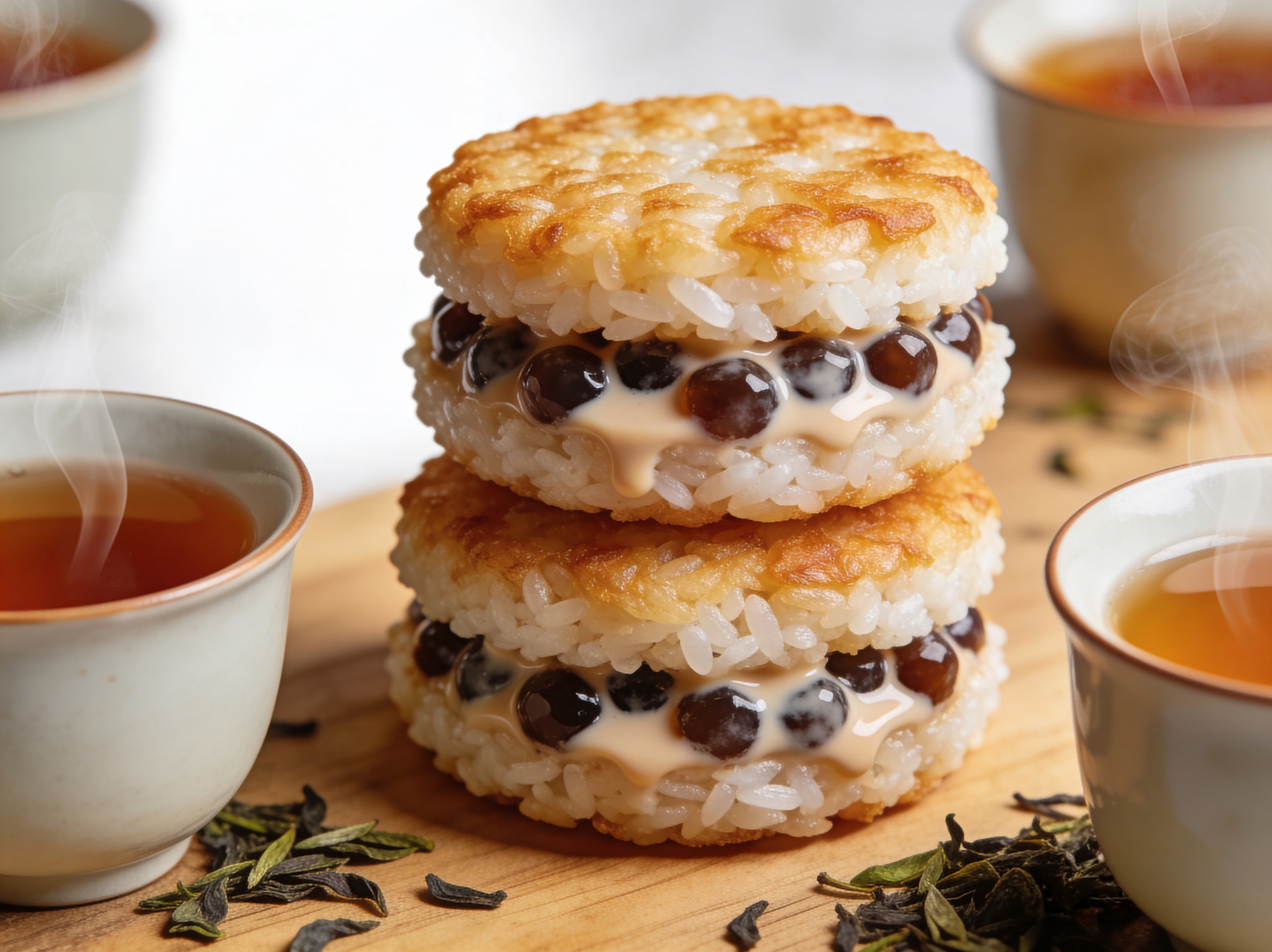 A stack of rice crispy sandwiches filled with boba pearls and cream.