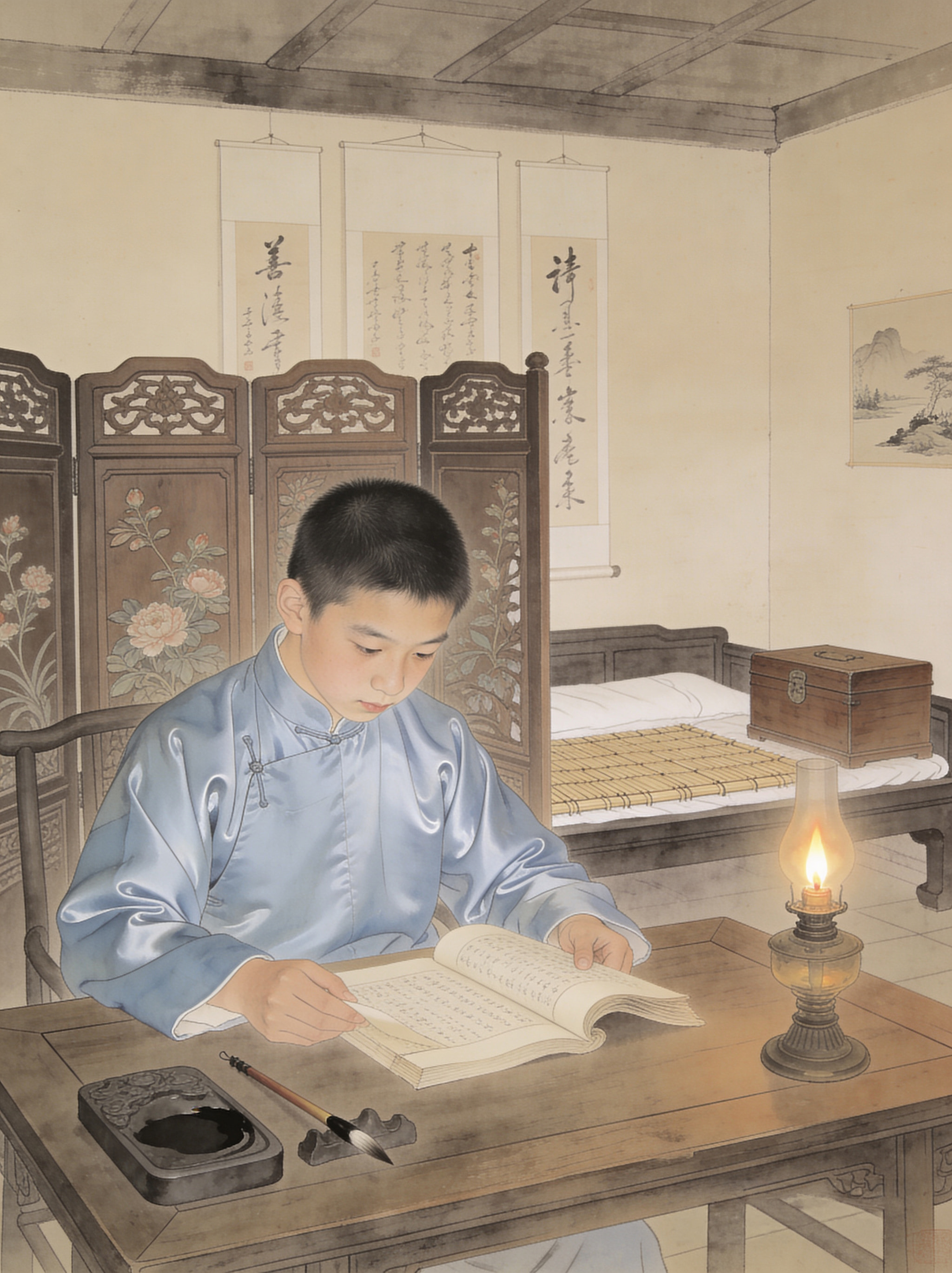 A young Chinese boy in a traditional blue silk garment studies a book by lamplight in a room with a decorative screen.