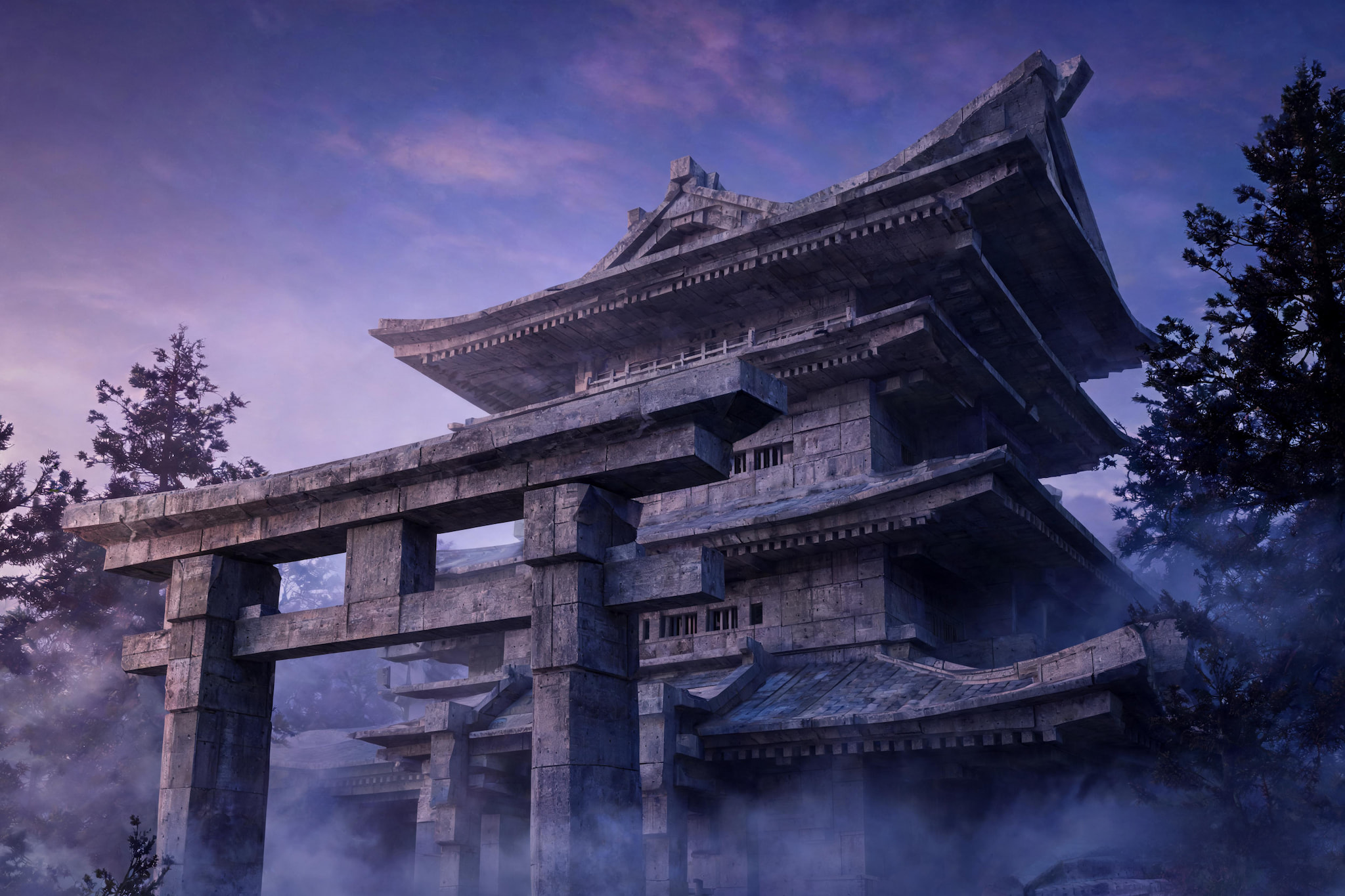 Brutalist stone temple with a massive torii gate under a purple twilight sky