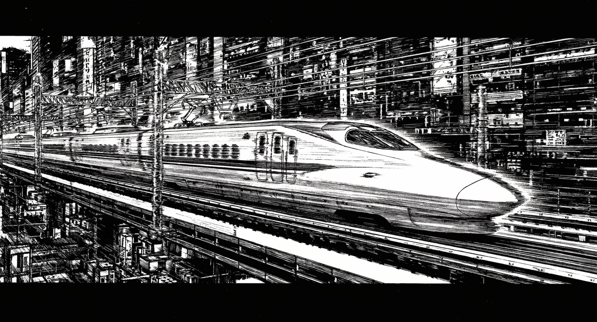 High-speed bullet train speeding through dense urban cityscape