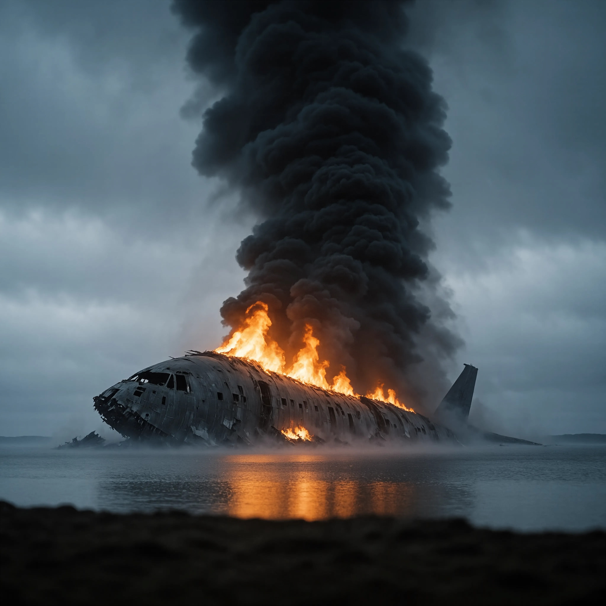 Burning airplane wreckage on water with massive smoke plume